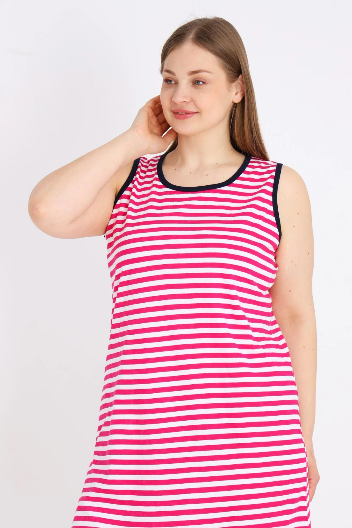 Kadın %100 Pamuk Çizgi Desenli Askılı Biyeli Elbise