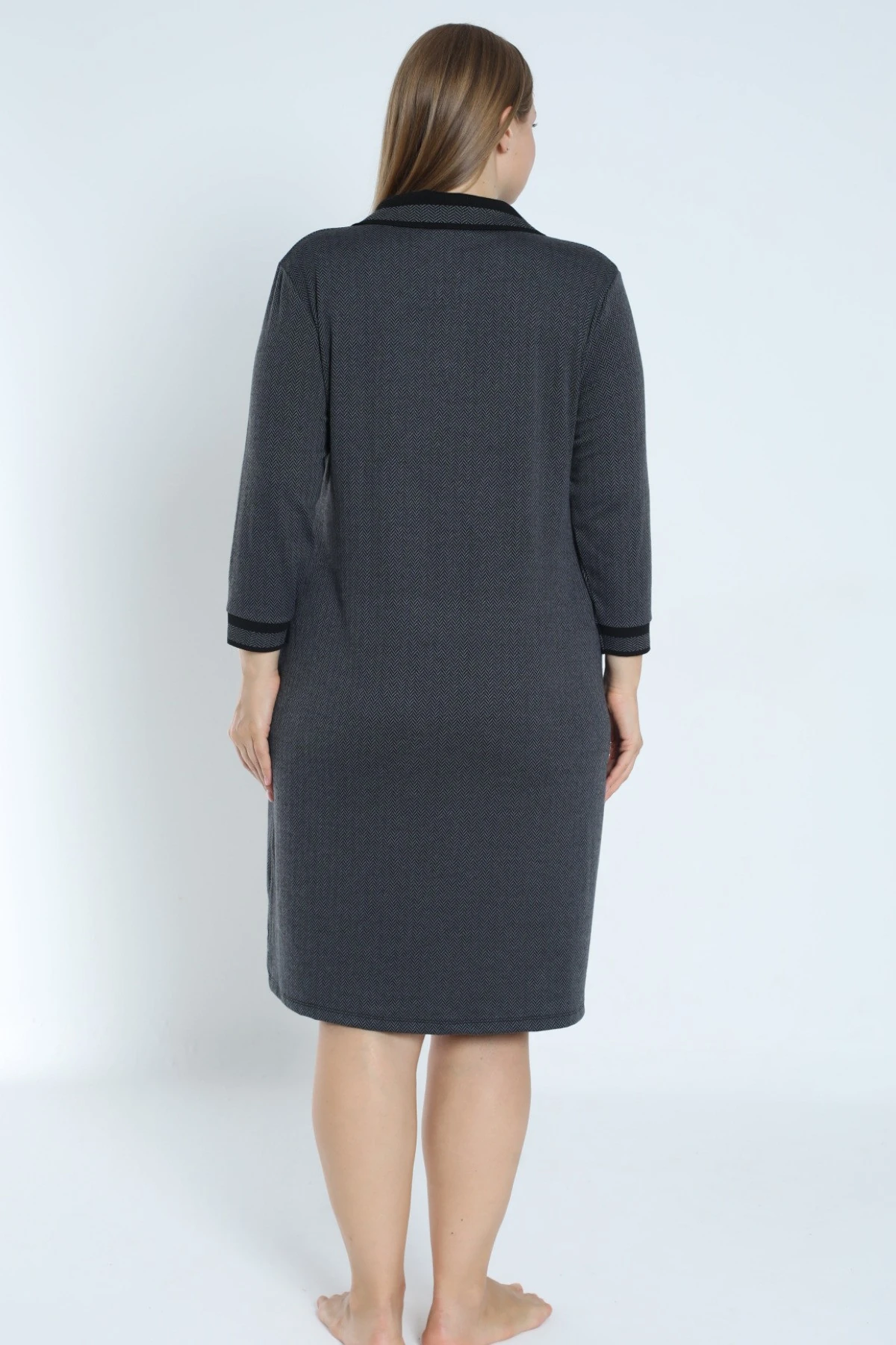 Desenli Truvakar Kollu Cepli Polo Yaka Jakarlı Kadın Büyük Beden Elbise