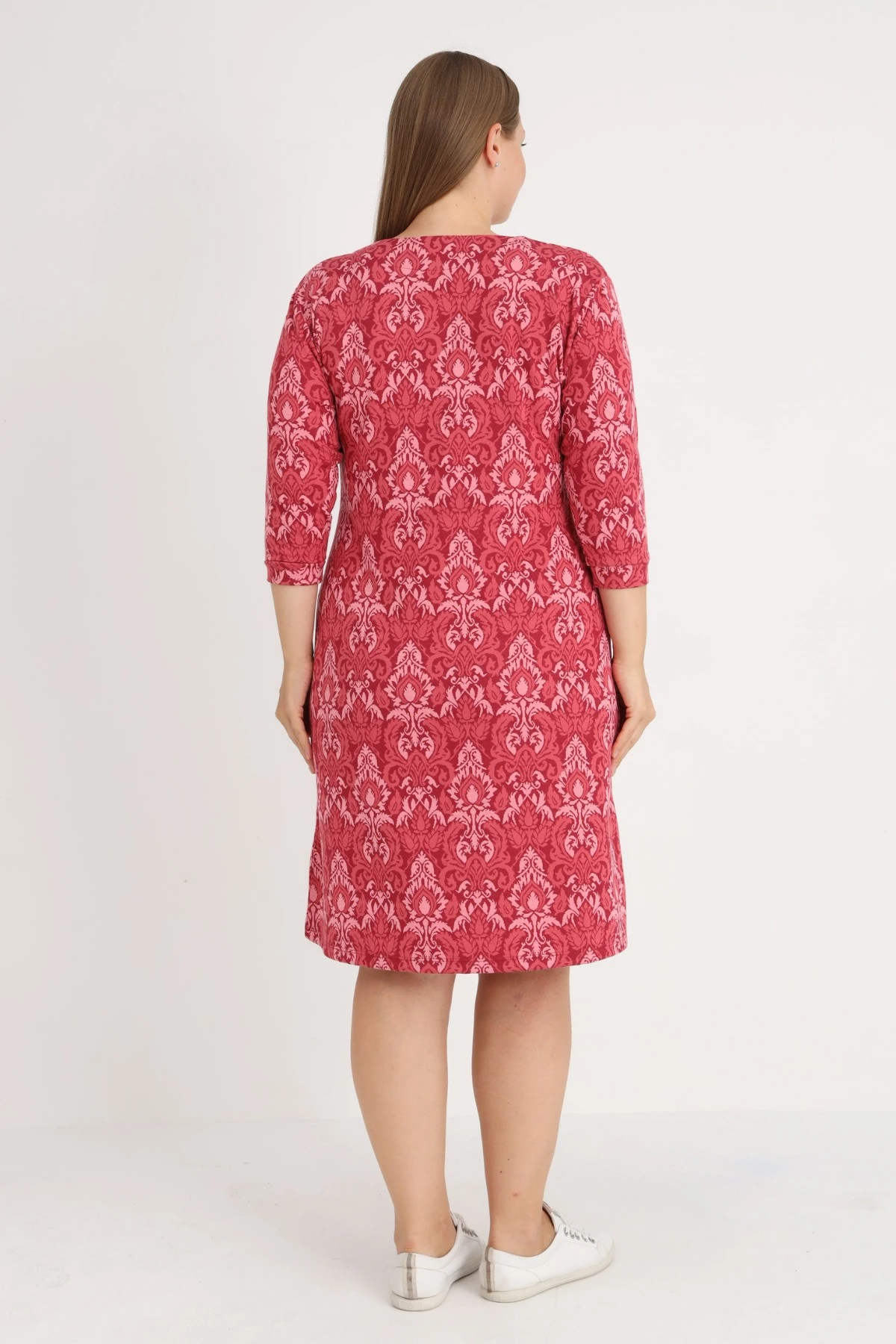 Desenli Truvakar Kollu Cepli Düğmeli Kadın Büyük Beden Jakarlı Elbise