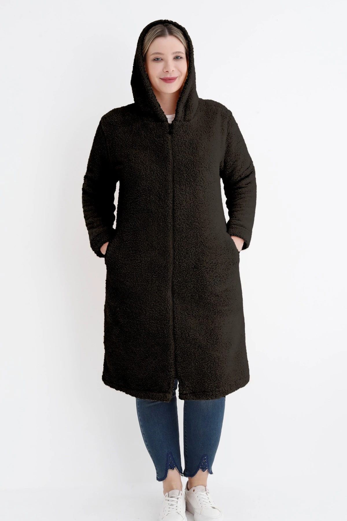 Kadın büyük beden uzun kollu cepli kapüşonlü peluş uzun hırka