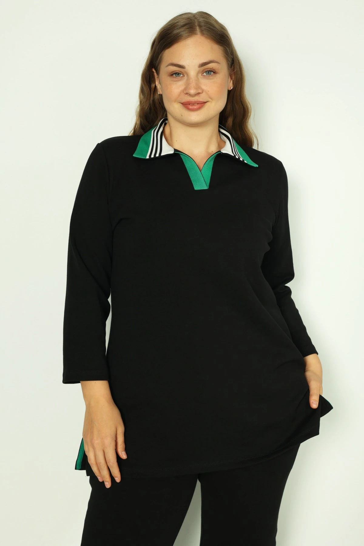 Siyah Kadın Büyük Beden Pamuklu İnterlok Truvakar Kollu Cepli Biyeli Alt-Üst Eşofman Takımı