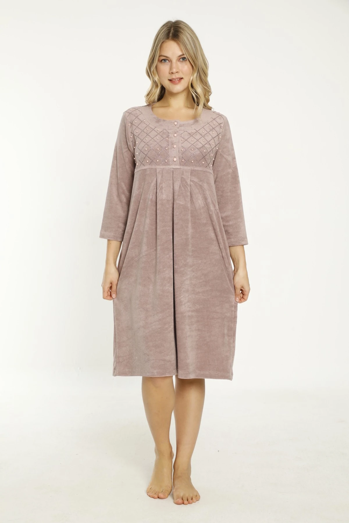 Lacivert Taş Detaylı Düğmeli Pamuklu Havlu Elbise