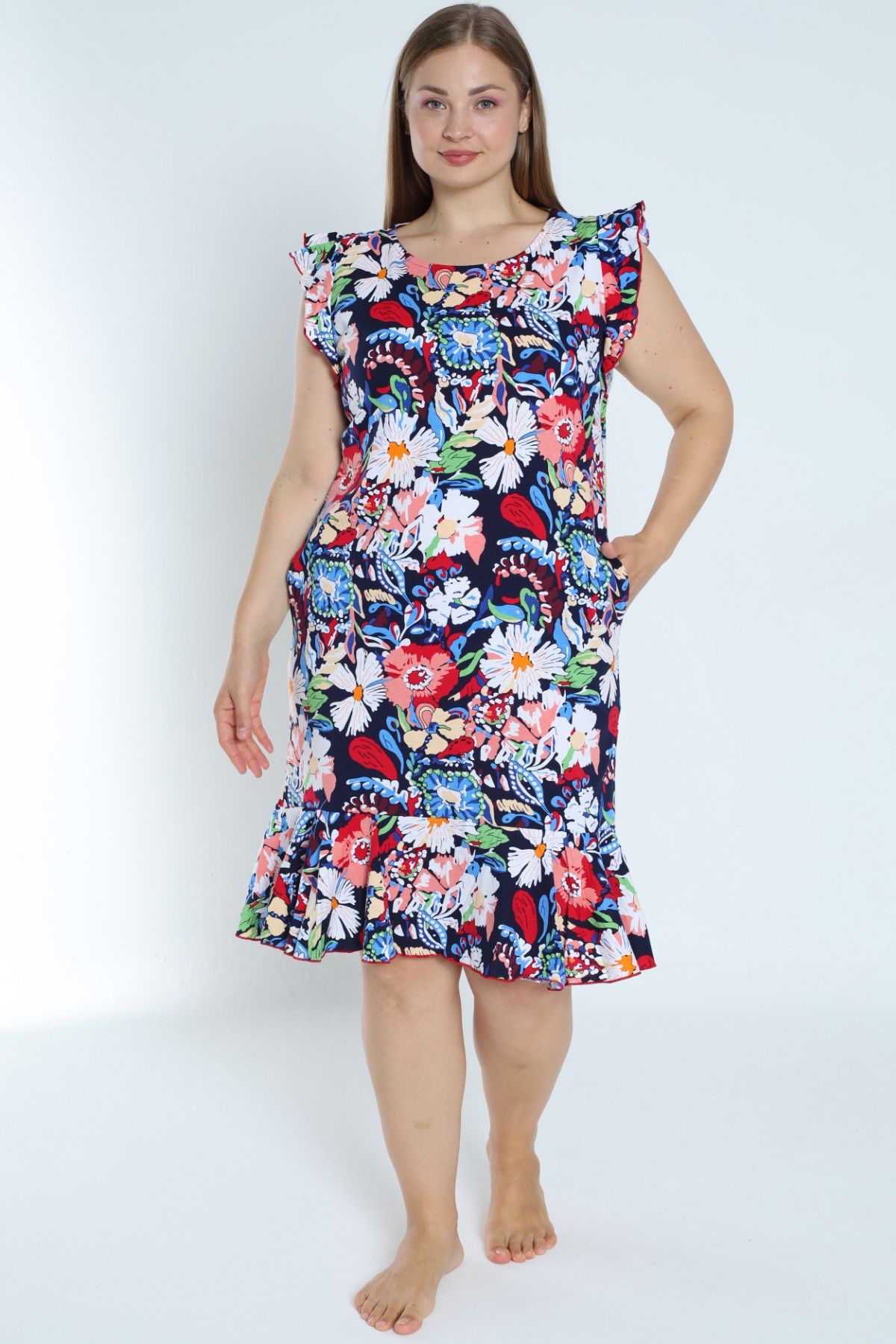 kolu ve eteği volanlı büyük beden desenli lacivert %100 pamuk cepli  elbise