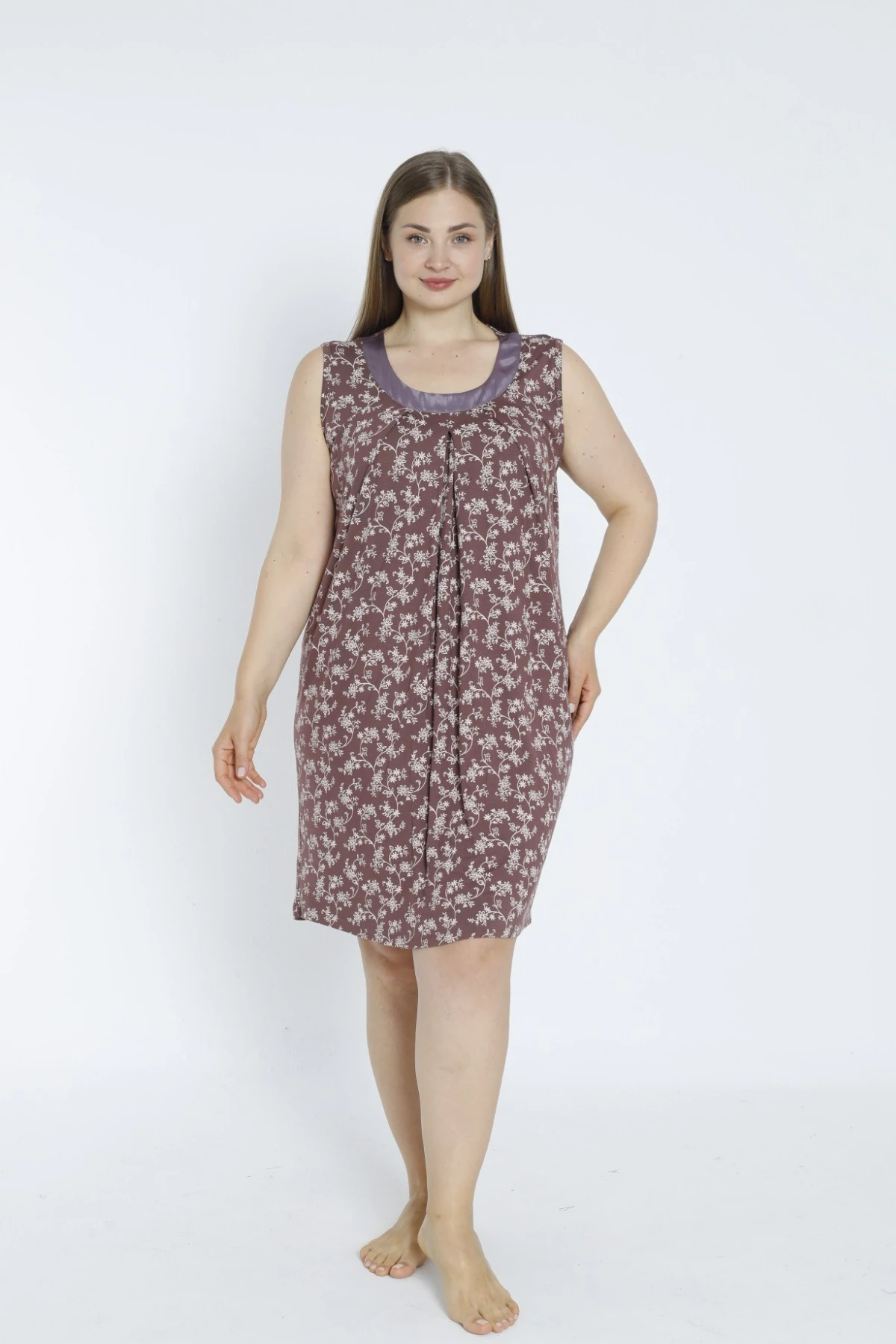 Desenli Saten Detaylı Askılı Büyük Beden Likralı Viskon Gecelik