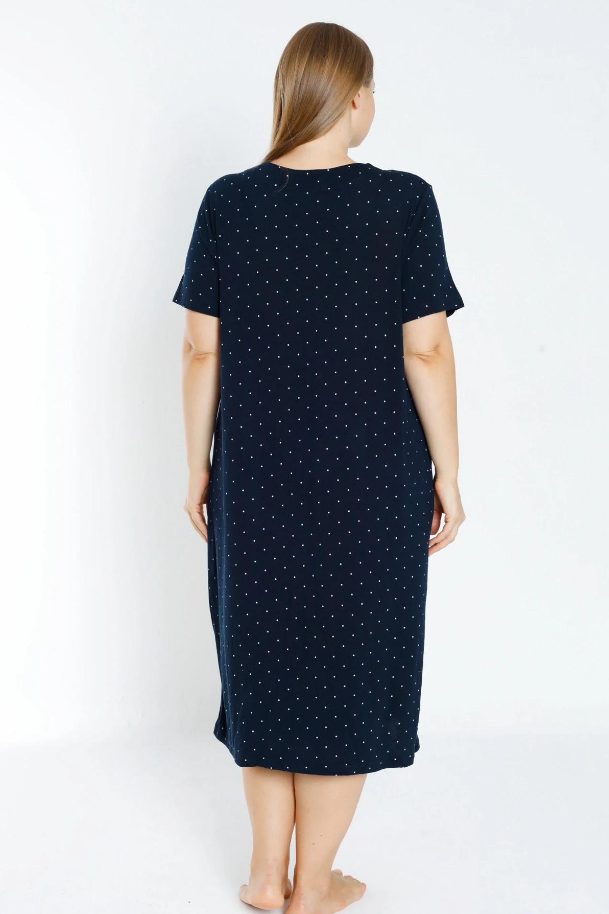 Lacivert Puantiyeli Biyeli Kısa Kollu Esnek Viskon Büyük Beden Gecelik