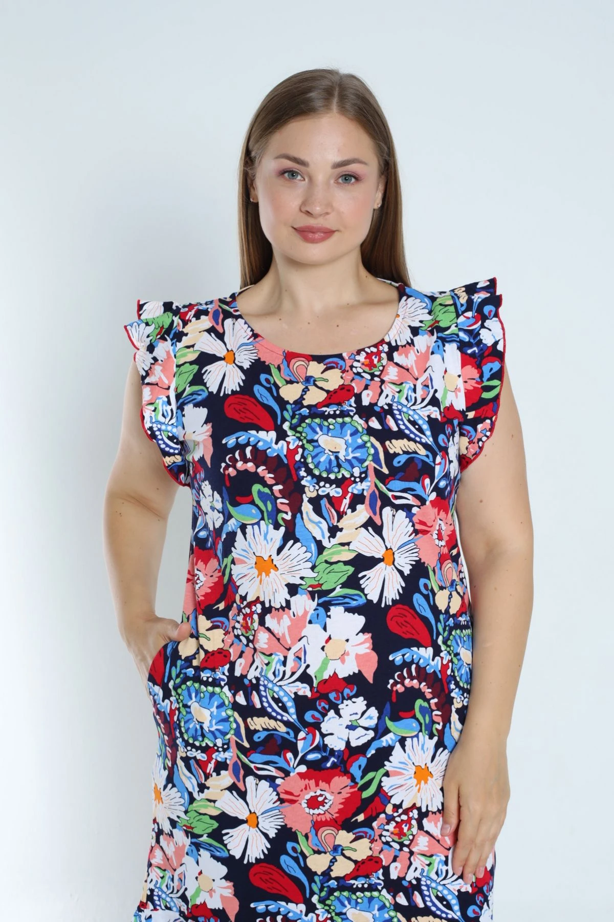 kolu ve eteği volanlı büyük beden desenli lacivert %100 pamuk cepli  elbise