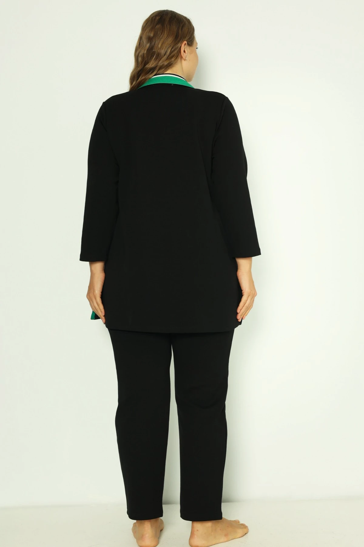 Siyah Kadın Büyük Beden Pamuklu İnterlok Truvakar Kollu Cepli Biyeli Alt-Üst Eşofman Takımı