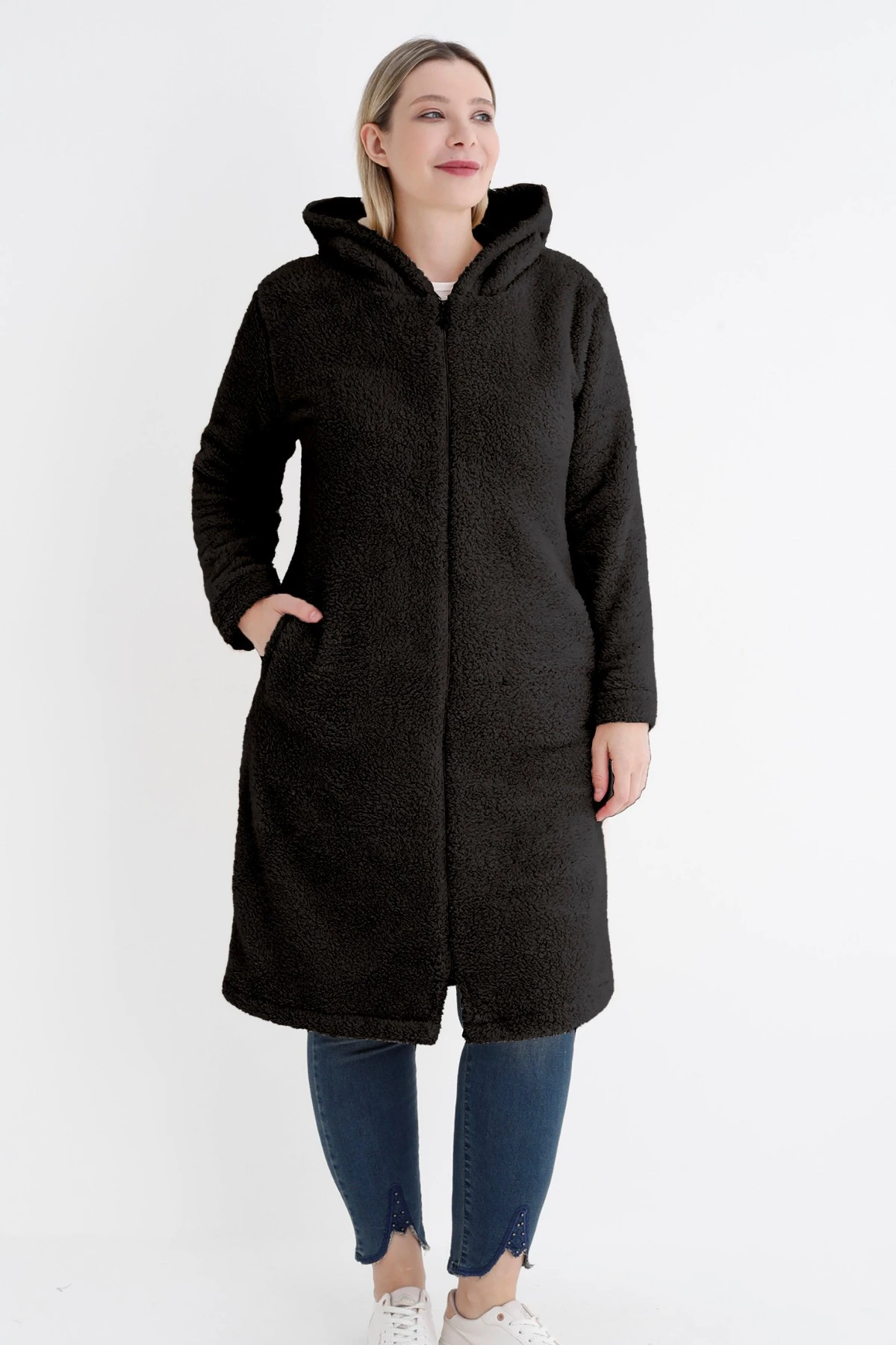 Kadın büyük beden uzun kollu cepli kapüşonlü peluş uzun hırka