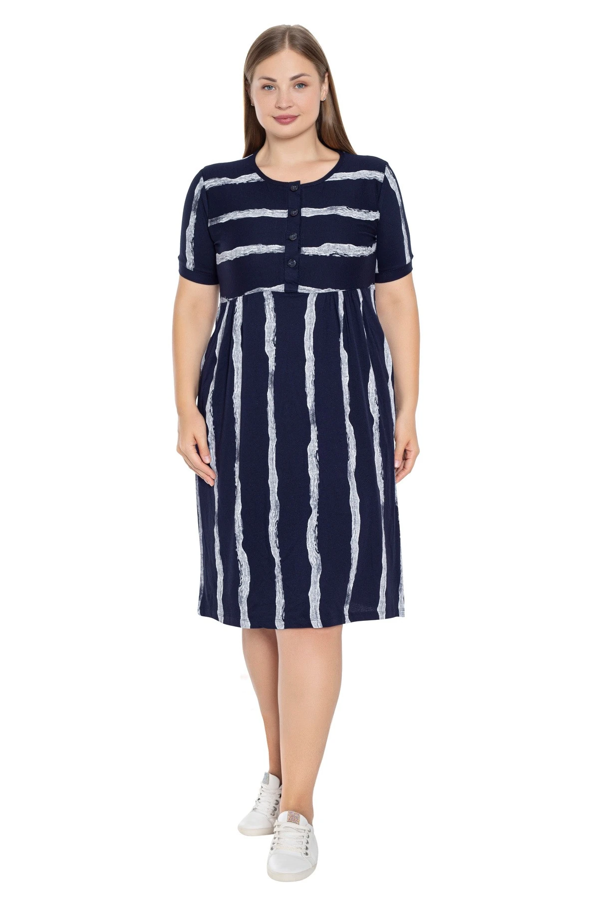 lacivert çizgi desenli kısa kollu düğmeli cepli büyük beden pamuklu elbise