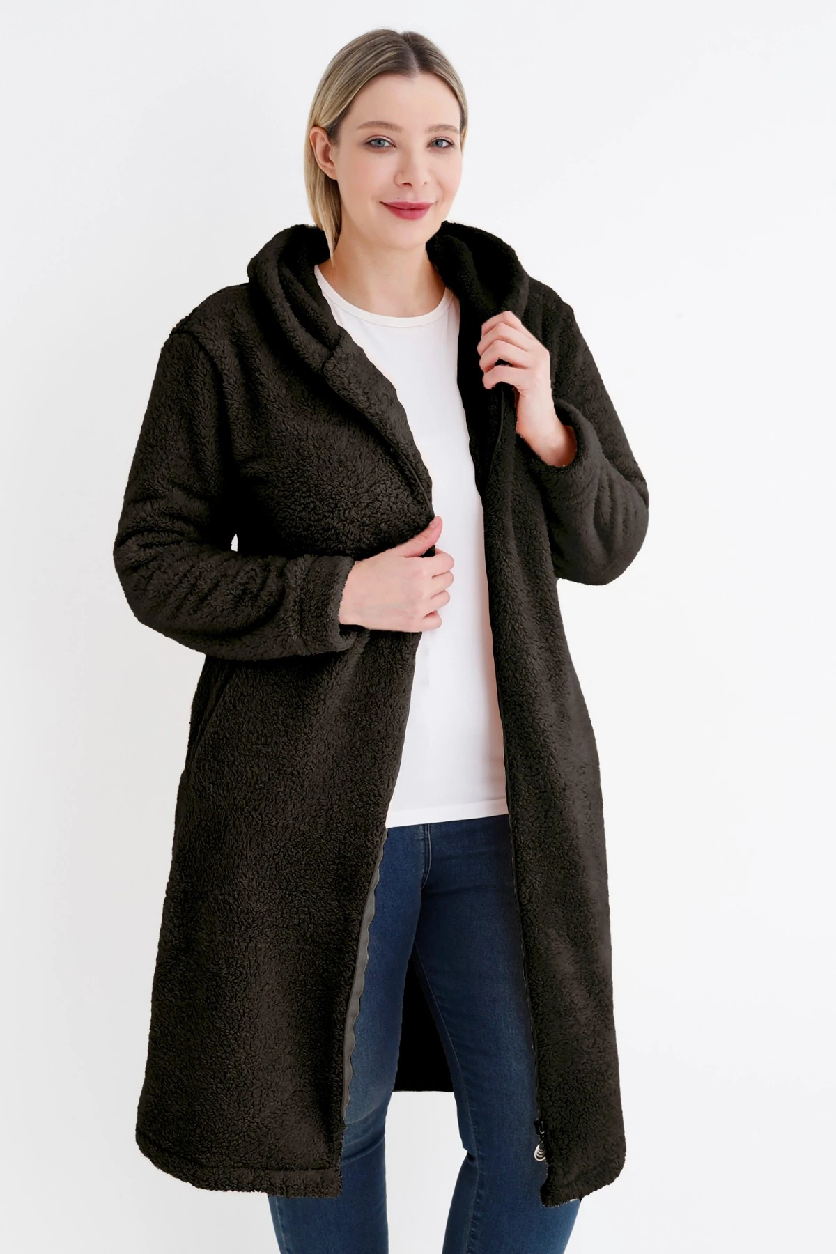 Kadın büyük beden uzun kollu cepli kapüşonlü peluş uzun hırka