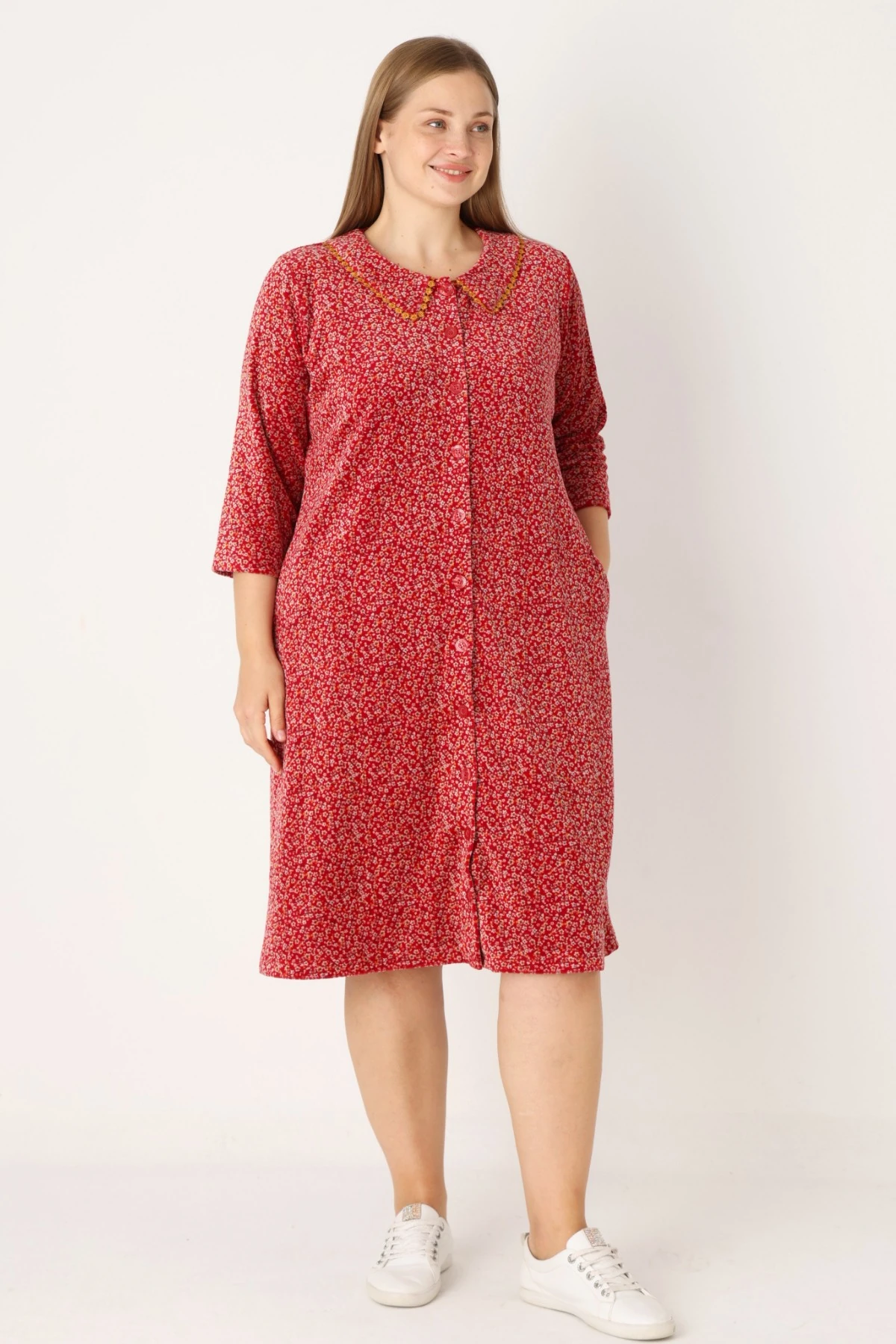 Çiçek Desenli Boydan Düğmeli Biyeli Cepli Pamuklu Kadife Kadın Büyük Beden Elbise