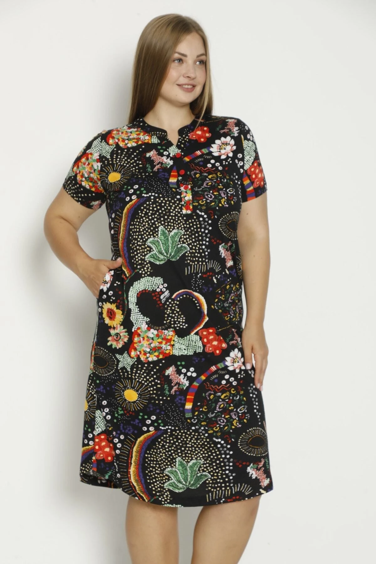 Kadın Kısa Kollu Cepli Düğmeli Büyük Beden Penye Modal Pamuklu Elbise