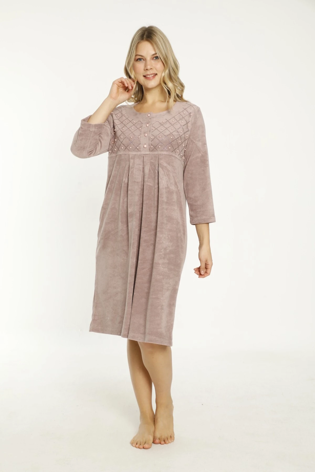 Lacivert Taş Detaylı Düğmeli Pamuklu Havlu Elbise