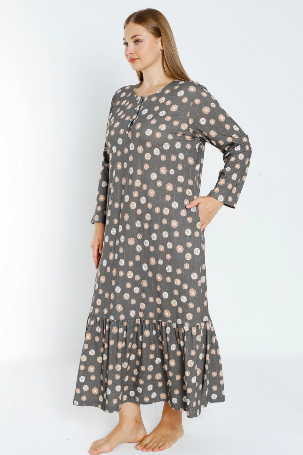 Desenli Uzun Kollu Düğmeli Cepli Kadın Büyük Beden Pamuklu Elbise