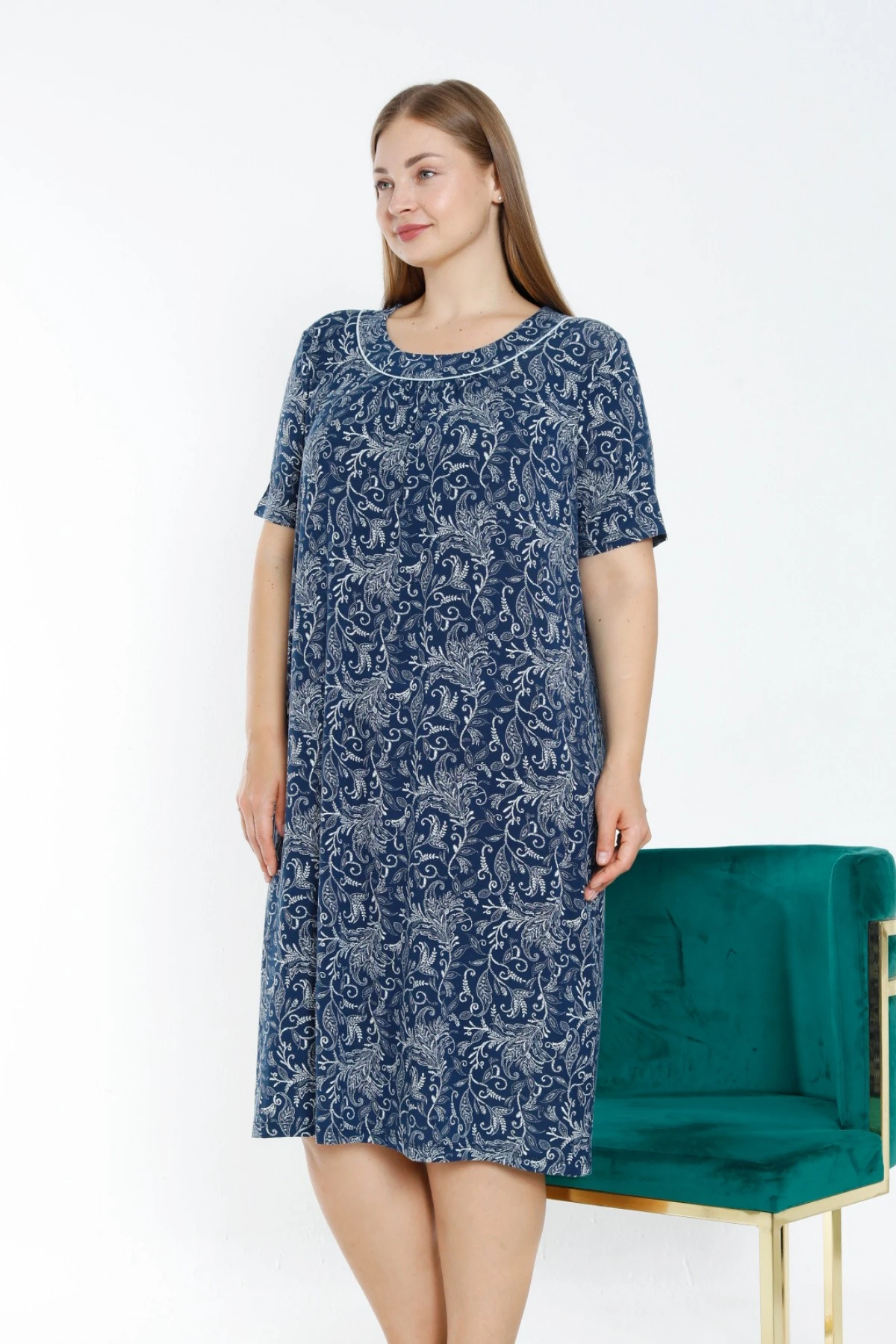 Lacivert Desenli Biyeli Kısa Kollu Esnek Viskon Kadın Büyük Beden Gecelik