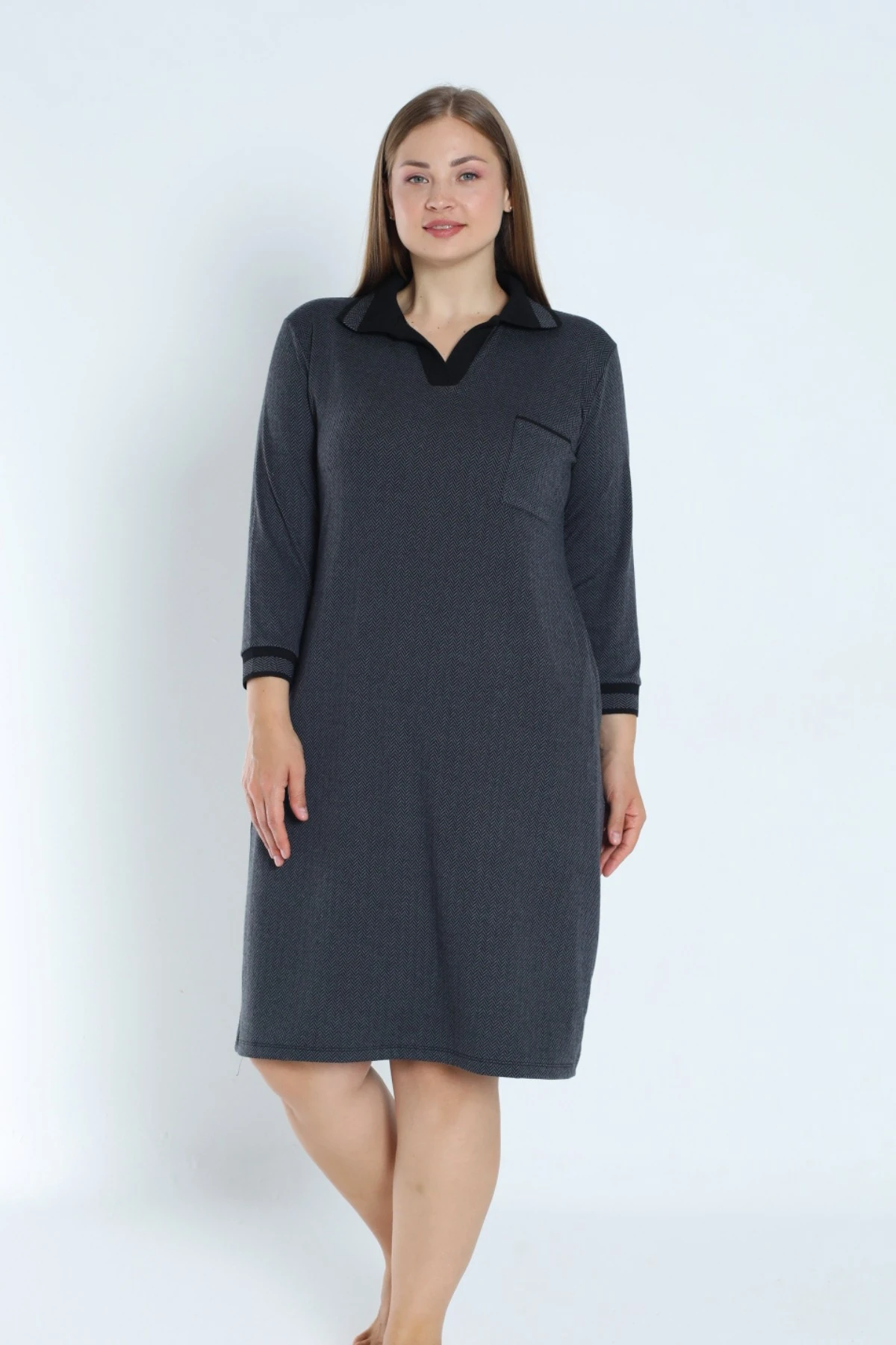 Desenli Truvakar Kollu Cepli Polo Yaka Jakarlı Kadın Büyük Beden Elbise