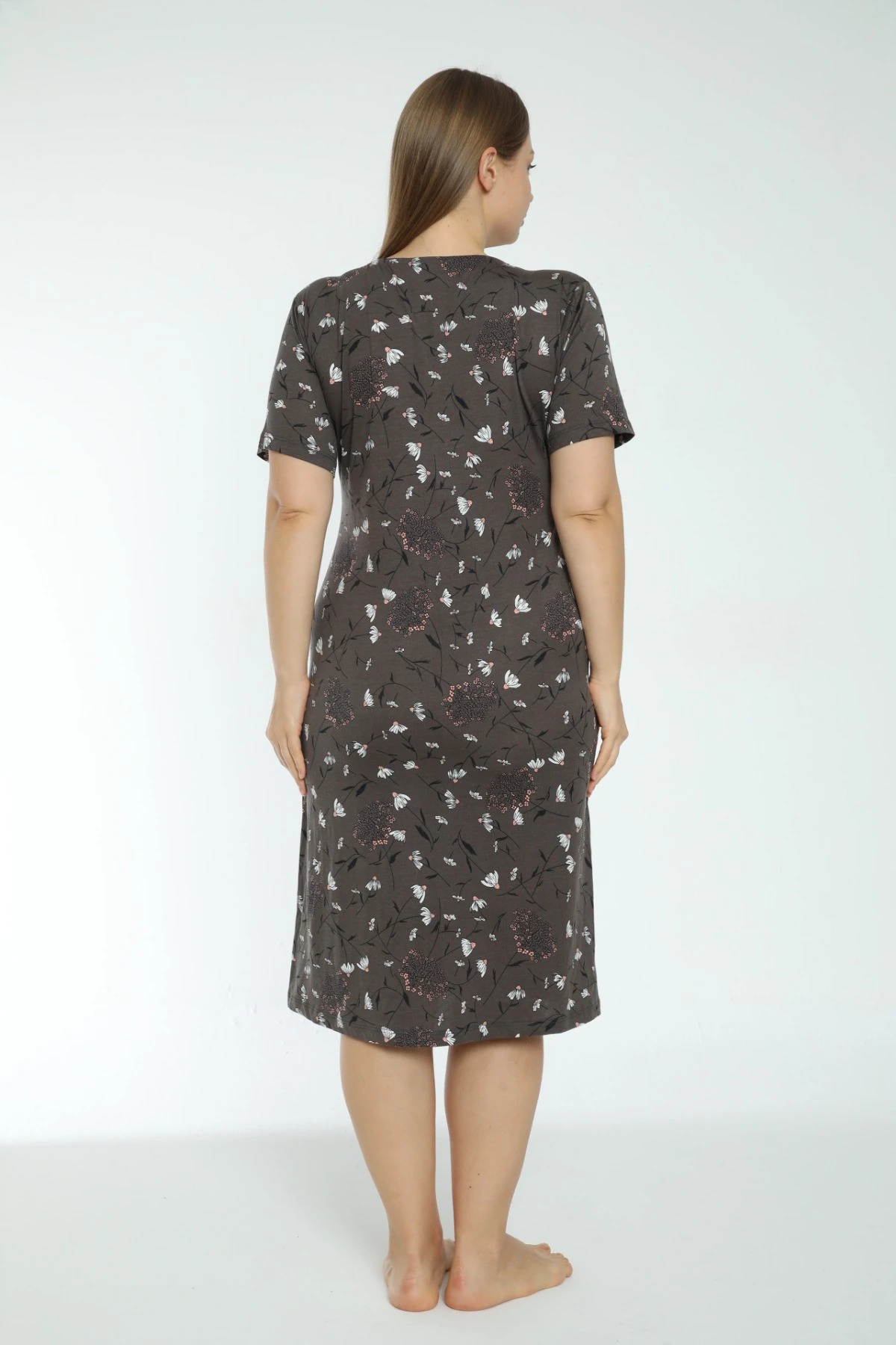 Kadın Çiçek Desenli Fermuarlı Cepli Büyük Beden Pamuklu Kısa Kollu Elbise