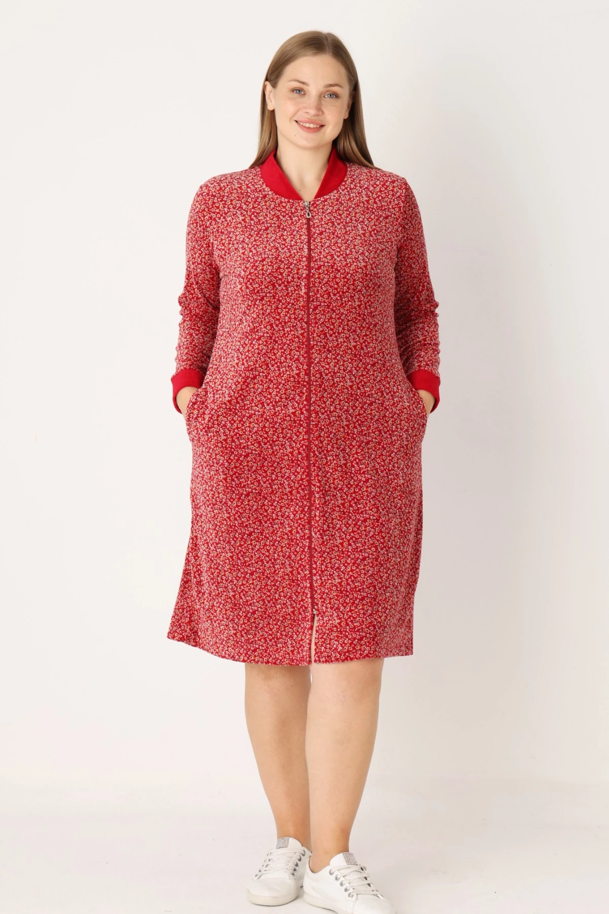 Kırmızı Desenli Pamuklu Kadife Cepli Fermuarlı Uzun Kollu Kadın Büyük Beden Elbise