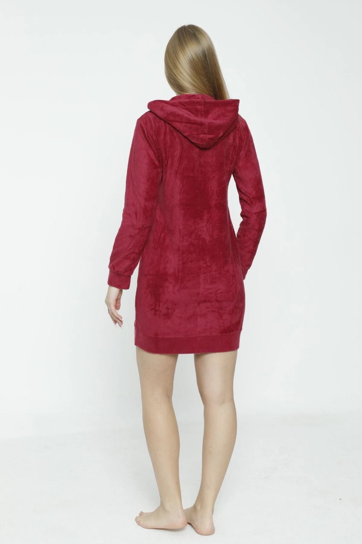 Kadın Uzun Kollu Kapüşonlu Soft Polar Cepli Fermuarlı Elbise