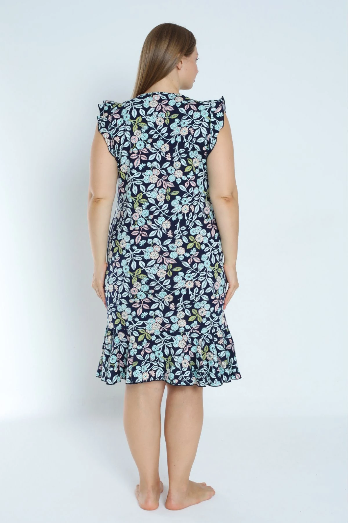 kadın lacivert büyük beden desenli %100 pamuk cepli kolu ve eteği fırfırlı elbise