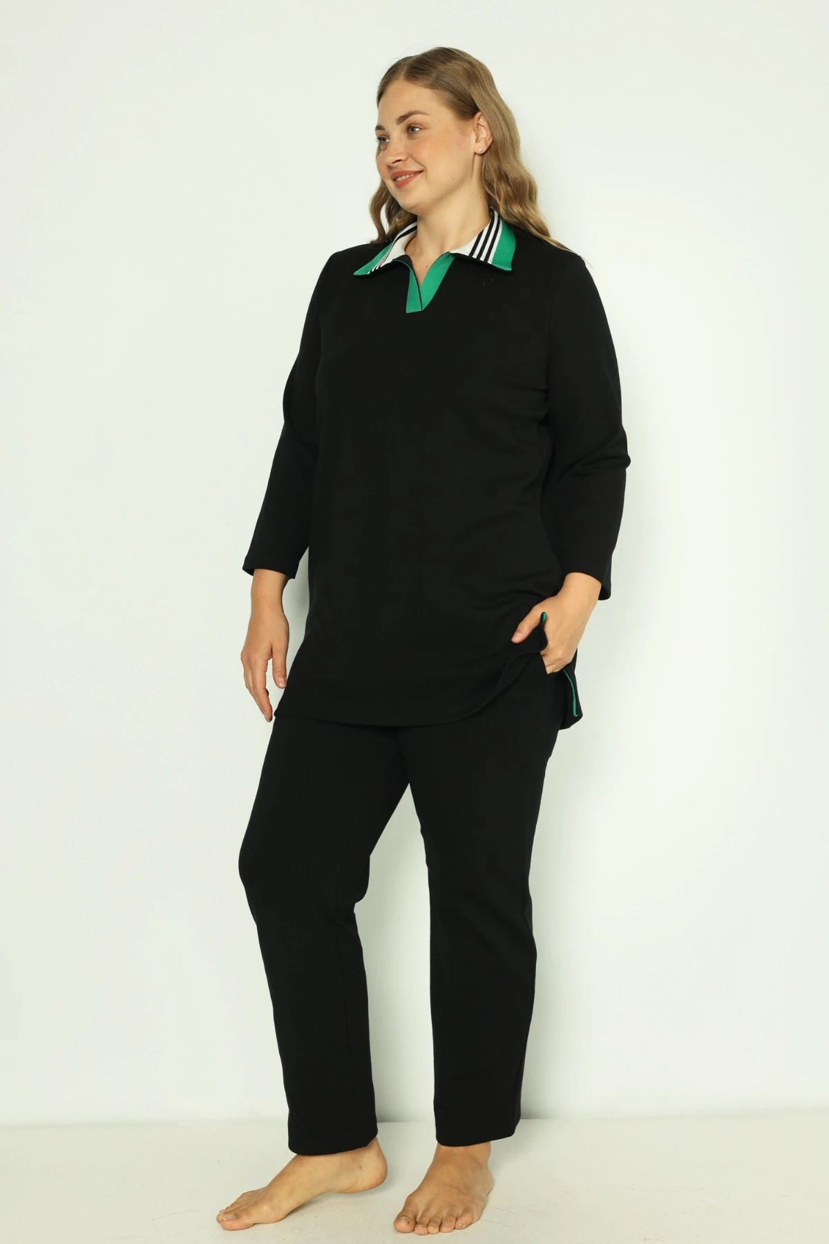 Siyah Kadın Büyük Beden Pamuklu İnterlok Truvakar Kollu Cepli Biyeli Alt-Üst Eşofman Takımı