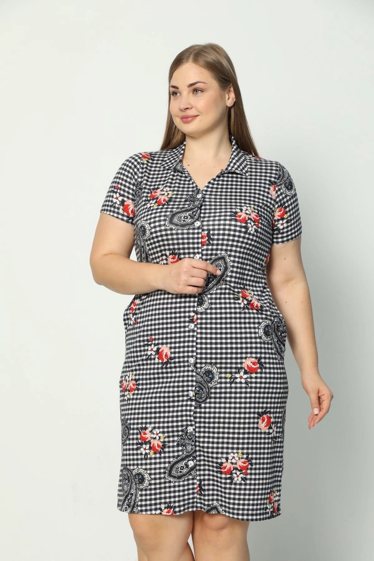 Kadın Kısa Kollu Desenli Düğmeli Cepli Büyük Beden Penye Modal Elbise