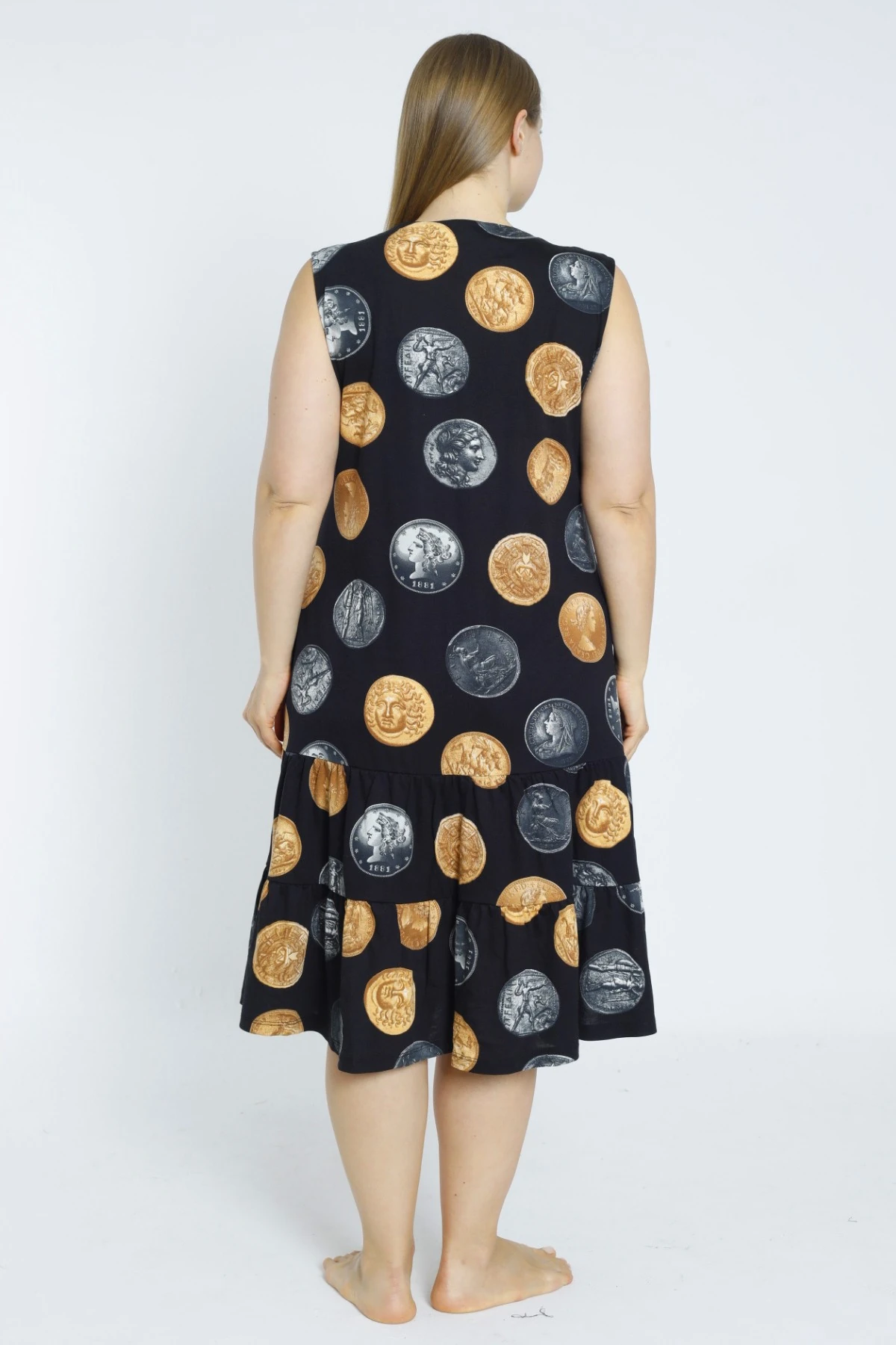 Siyah Para Desenli Askılı Cepli Pamuklu Elbise