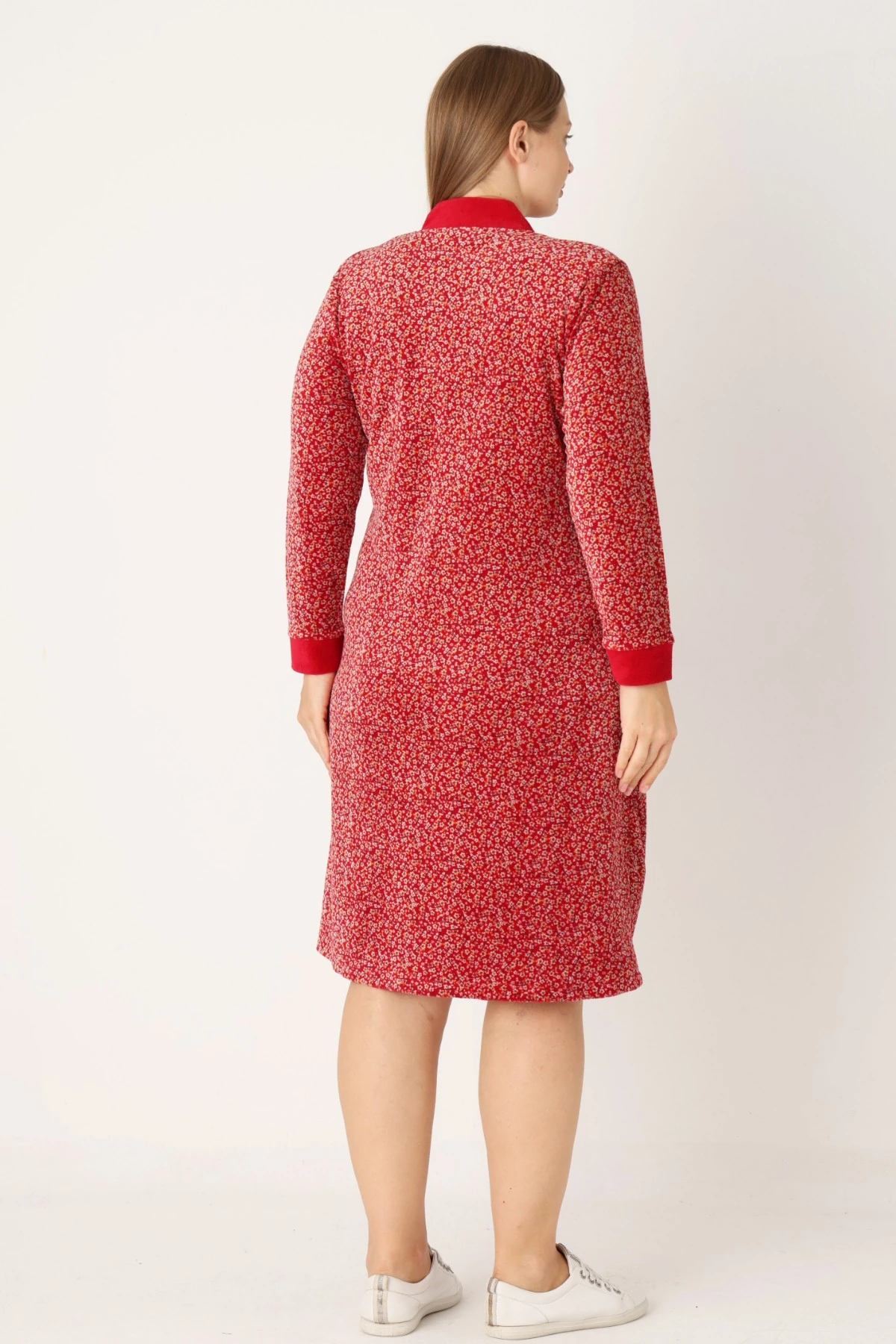 Kırmızı Desenli Pamuklu Kadife Cepli Fermuarlı Uzun Kollu Kadın Büyük Beden Elbise