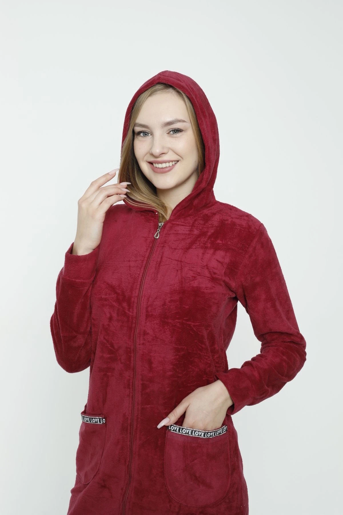 Kadın Uzun Kollu Kapüşonlu Soft Polar Cepli Fermuarlı Elbise