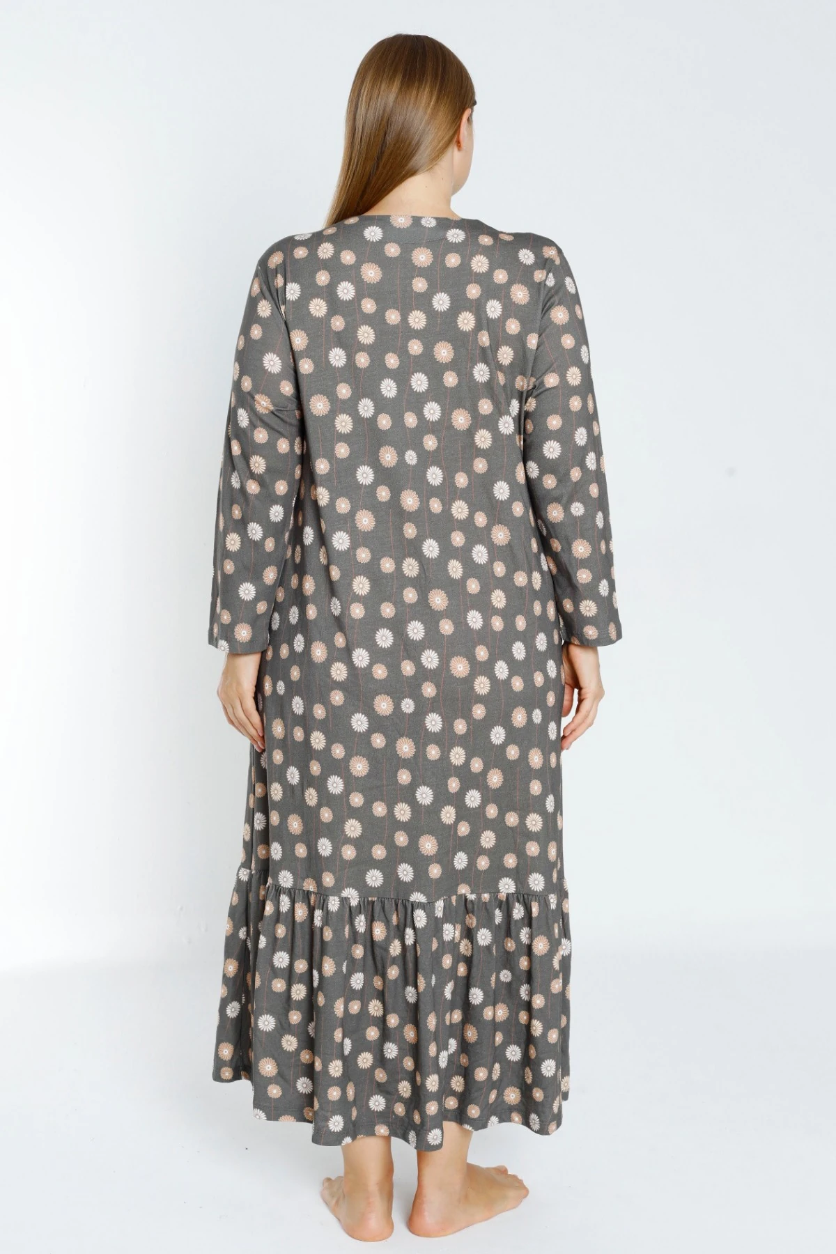 Desenli Uzun Kollu Düğmeli Cepli Kadın Büyük Beden Pamuklu Elbise