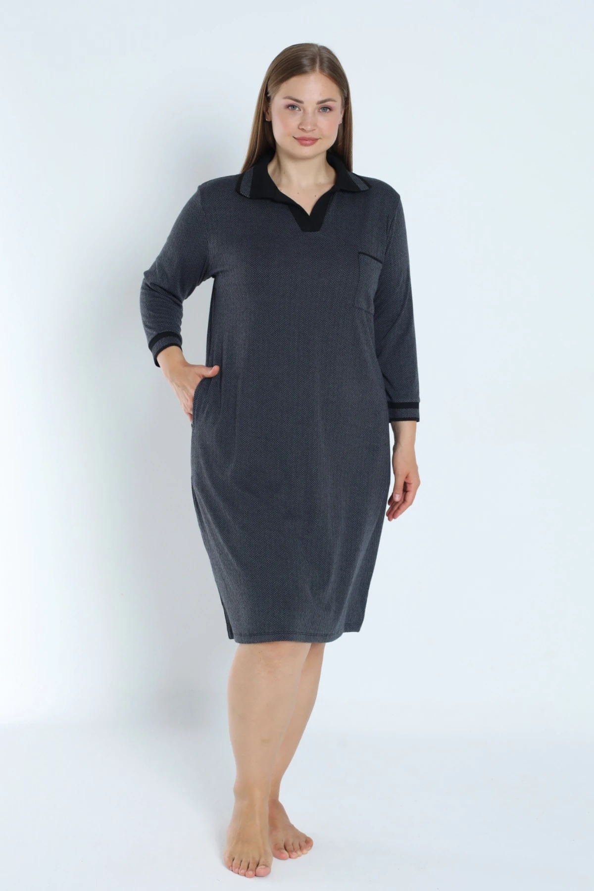 Desenli Truvakar Kollu Cepli Polo Yaka Jakarlı Kadın Büyük Beden Elbise