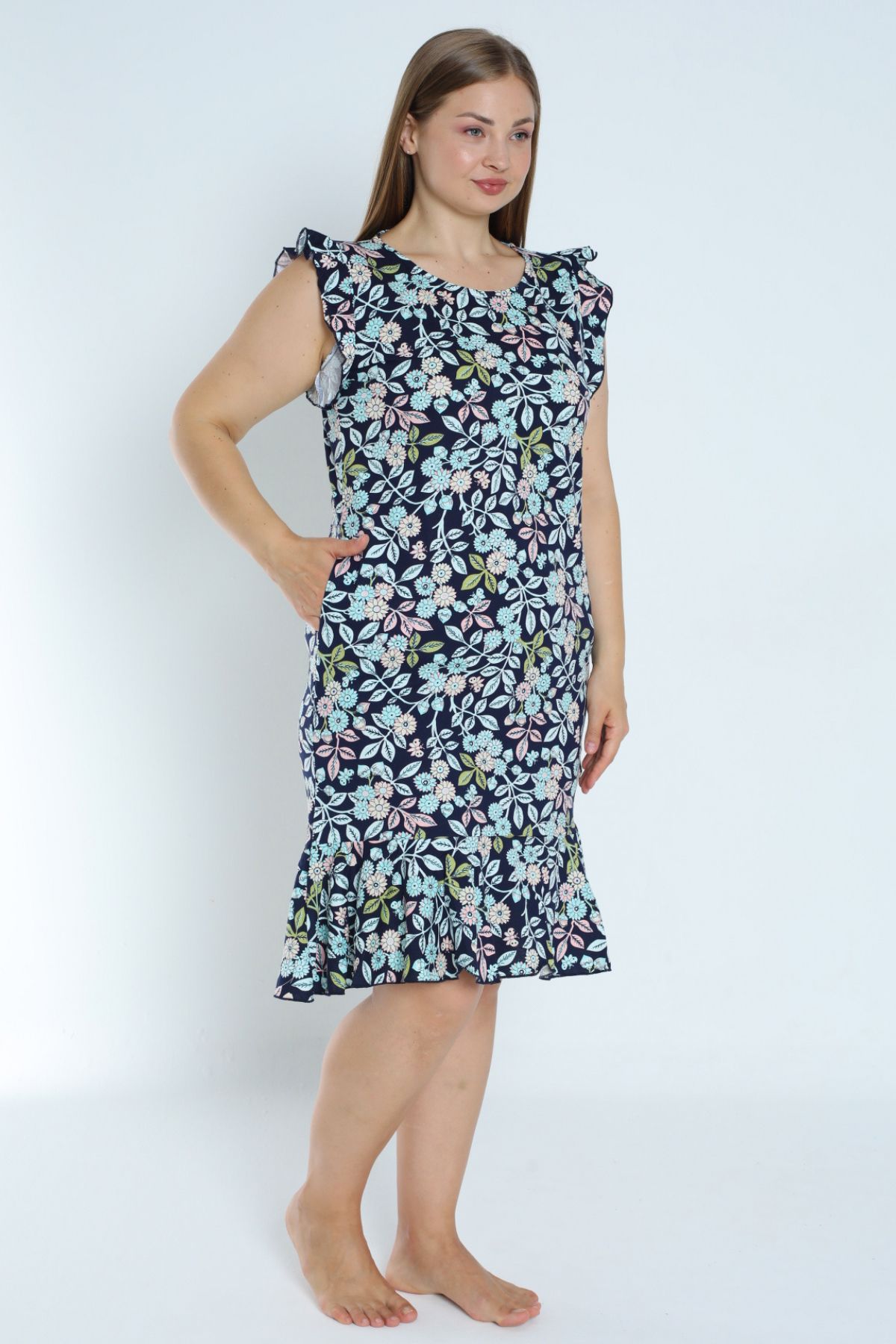 kadın lacivert büyük beden desenli %100 pamuk cepli kolu ve eteği fırfırlı elbise