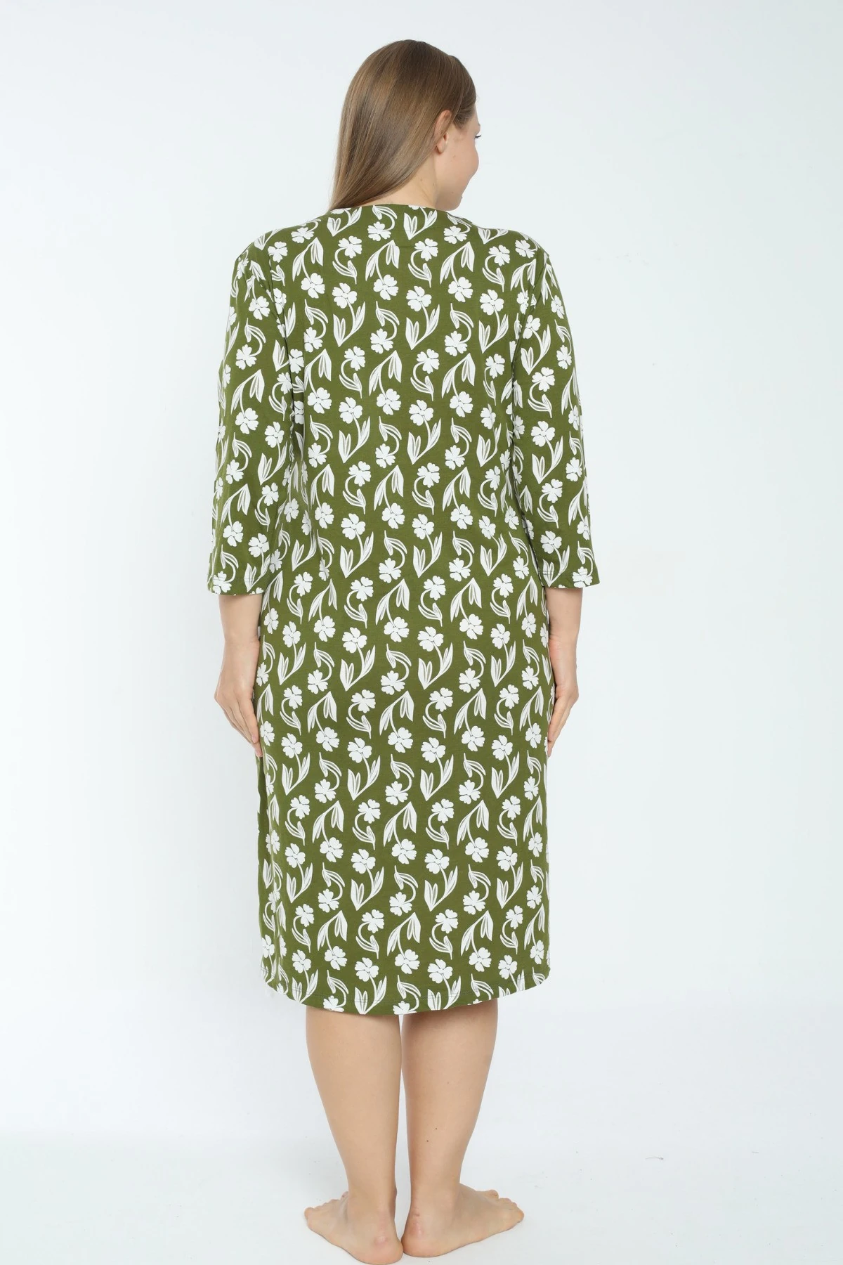 Kadın Yeşil Desenli Truvakar Kollu Büyük Beden Pamuklu Fermuarlı Elbise