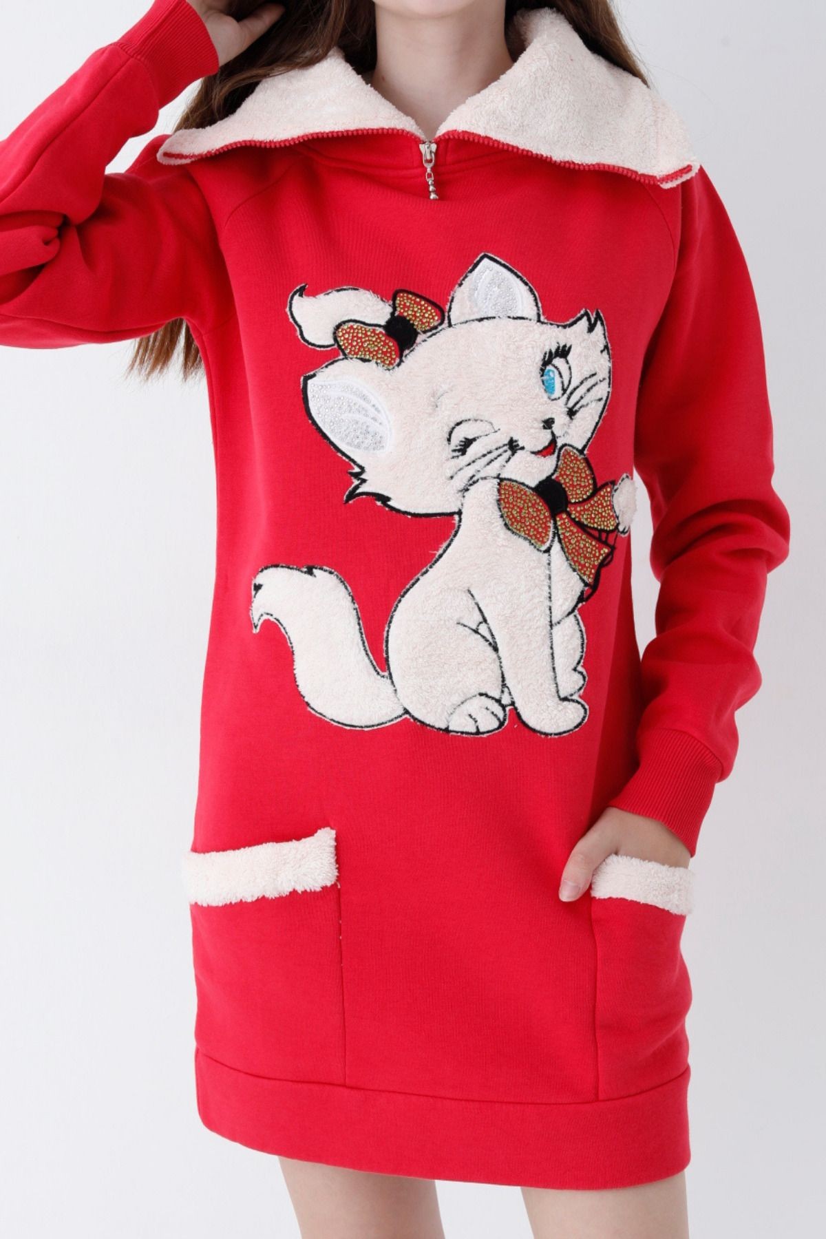 genç kız kırmızı kedi baskılı fermuarlı  Kapüşonlu pamuklu Sweatshirt