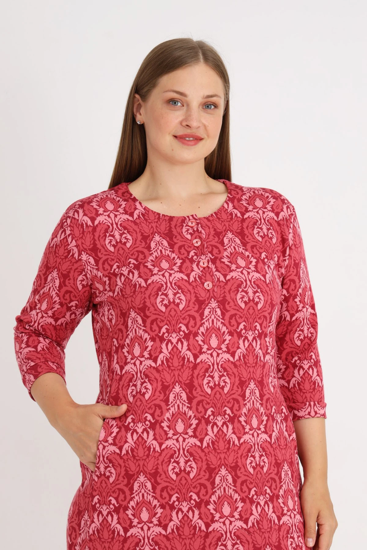 Desenli Truvakar Kollu Cepli Düğmeli Kadın Büyük Beden Jakarlı Elbise