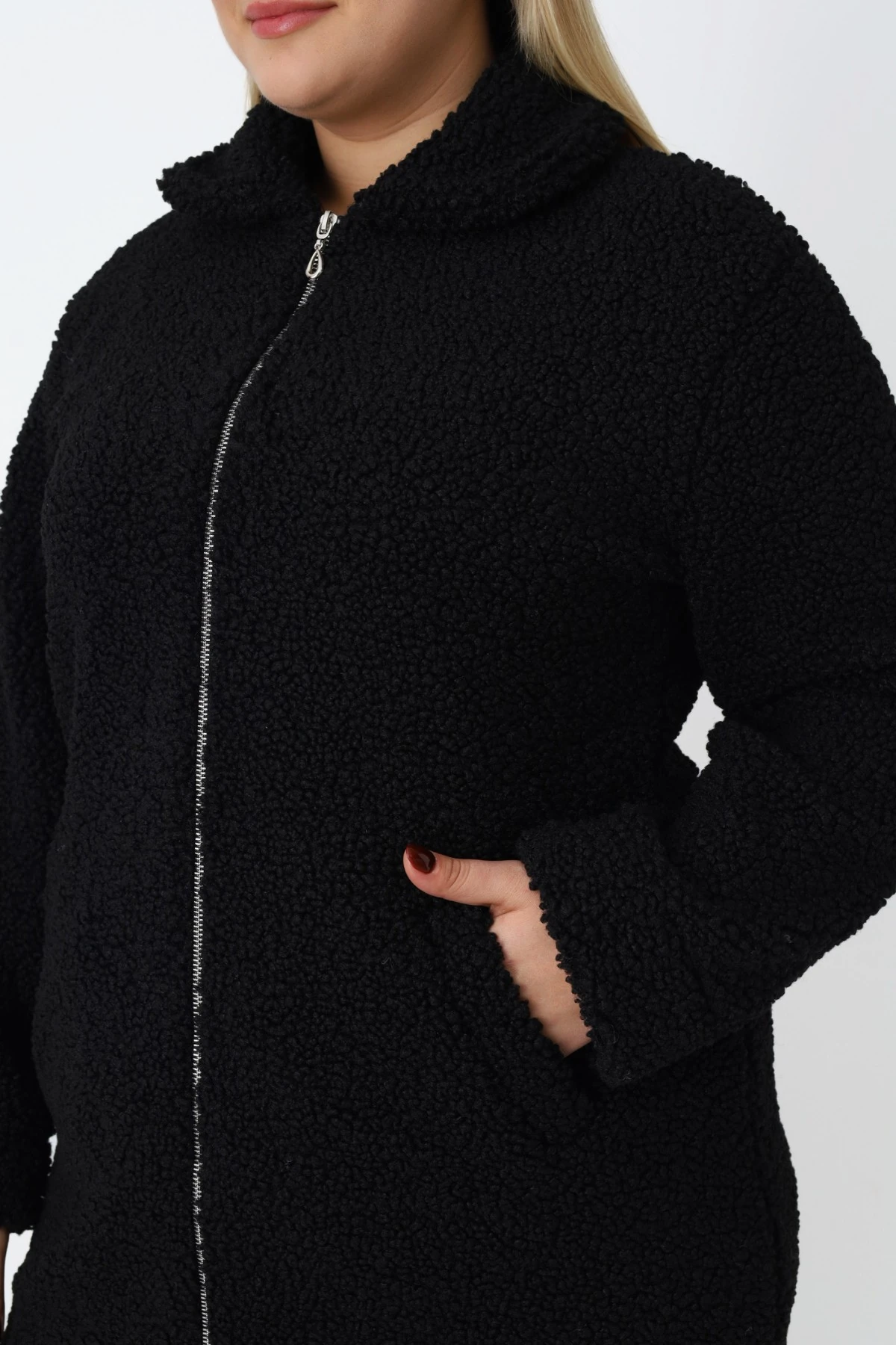 Kadın Büyük Beden Siyah Fermuarlı Cepli Soft Teddy Peluş Uzun Kollu Hırka