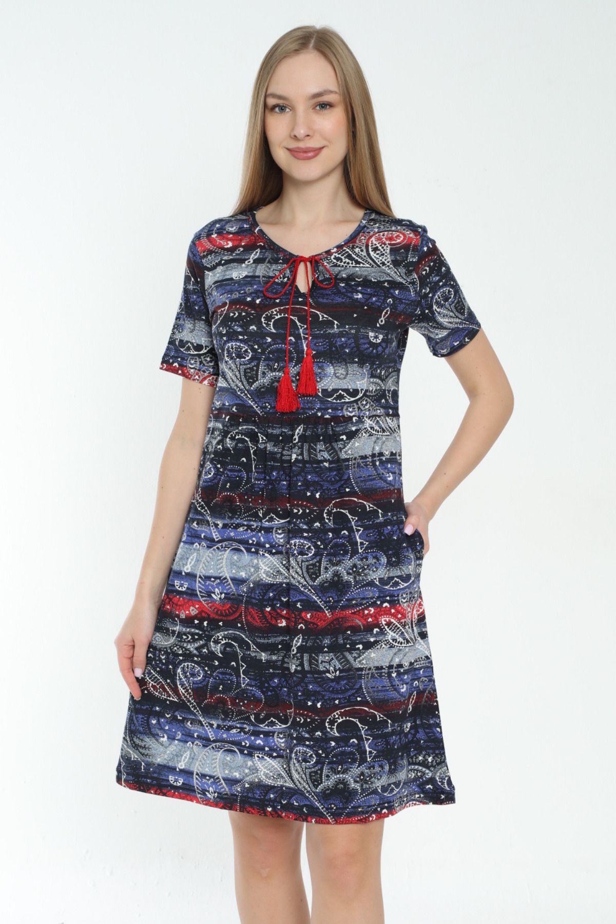 desenli cepli püskül detaylı kısa kollu elbise