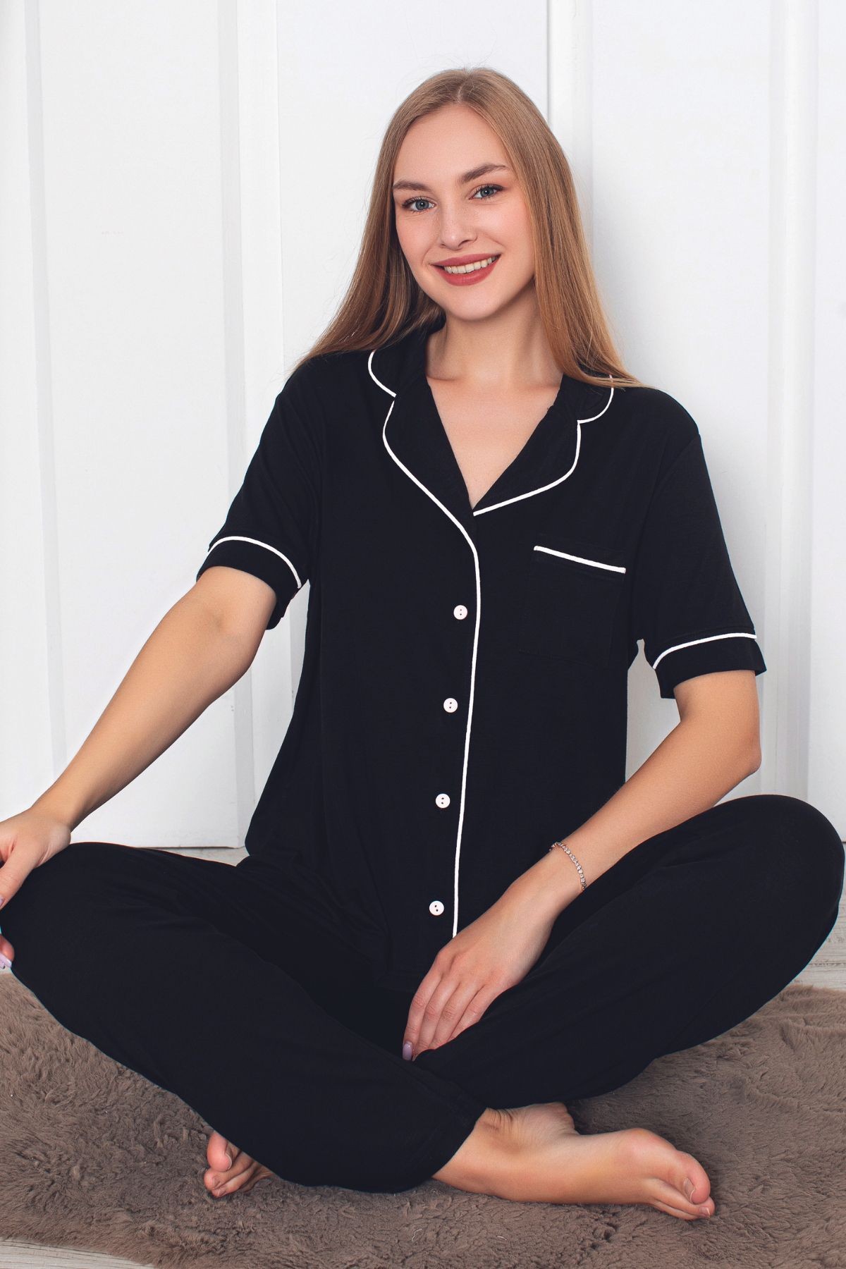 kadın mor kısa kollu önden düğmeli cepli biyeli likralı Pijama Takımı