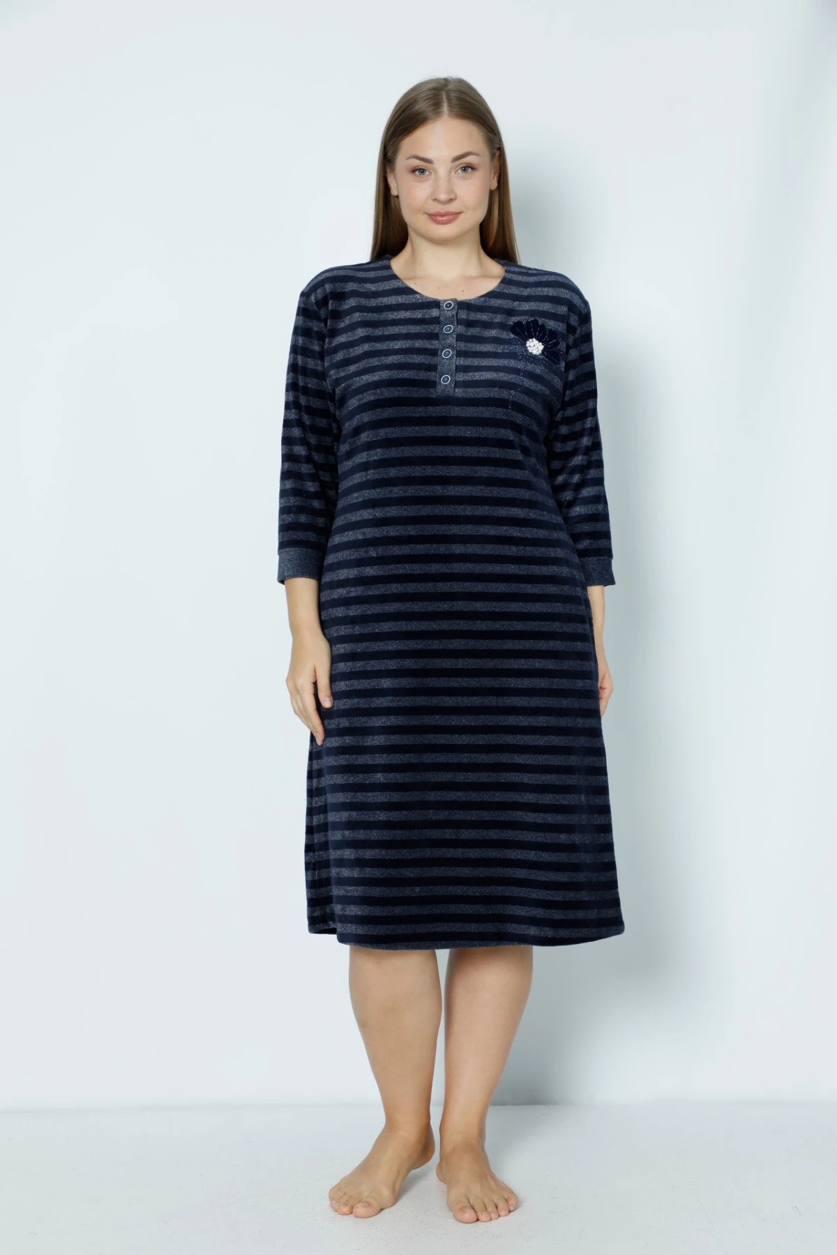 Lacivert Cepli Düğmeli Taş Detaylı Büyük Beden Pamuklu Kadife Elbise