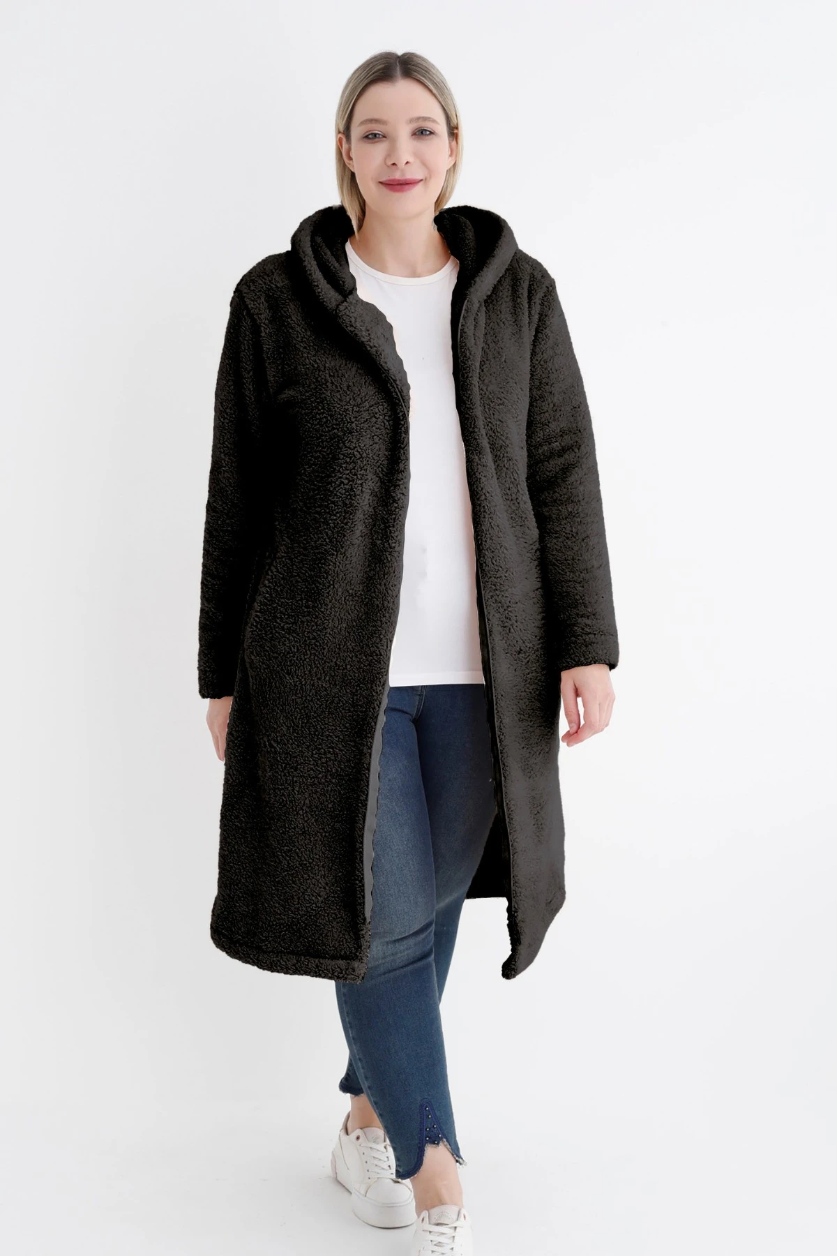 Kadın büyük beden uzun kollu cepli kapüşonlü peluş uzun hırka