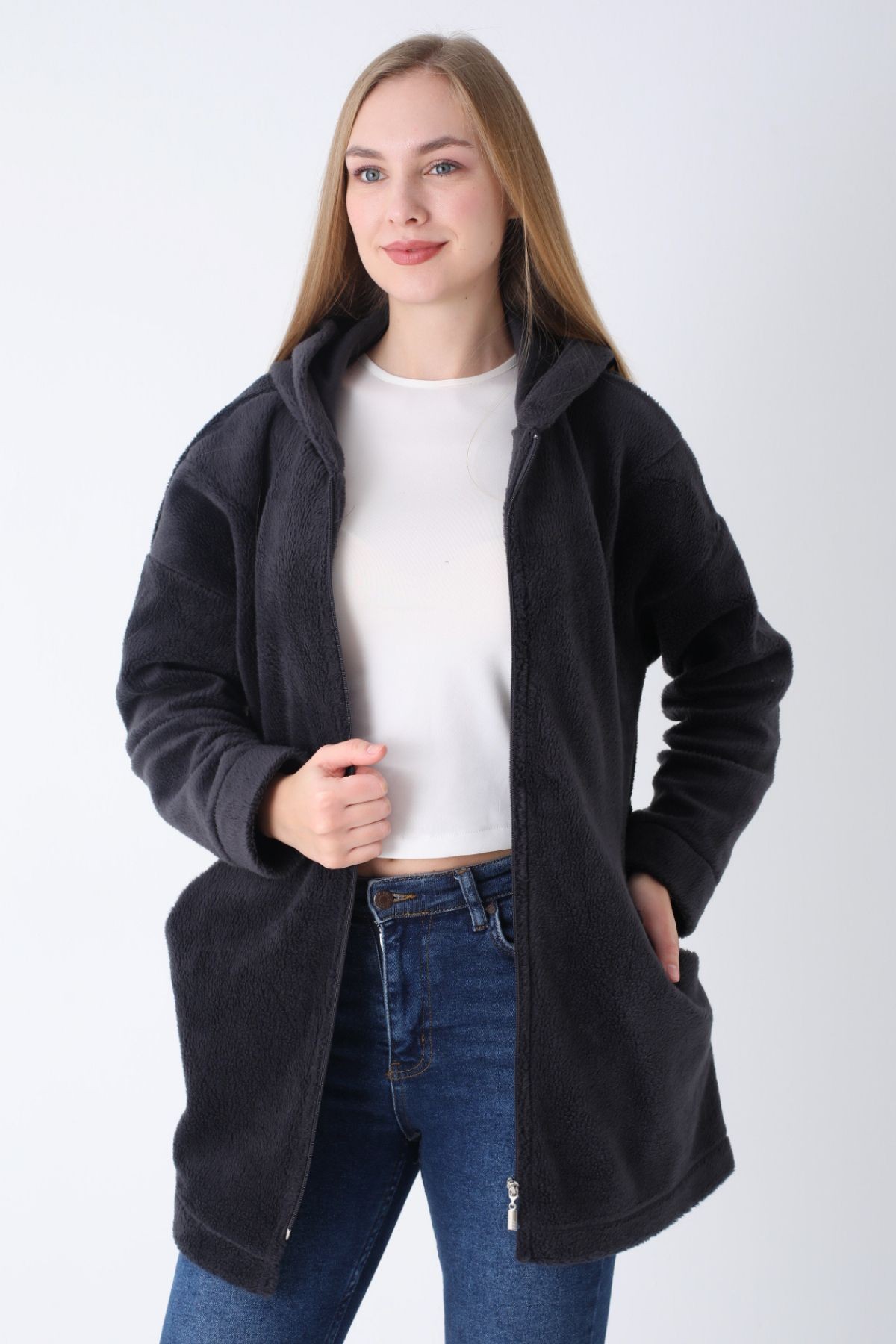 Kadın Antrasit Fermuarlı Kapüşonlu Cepli Oversize Peluş Hırka