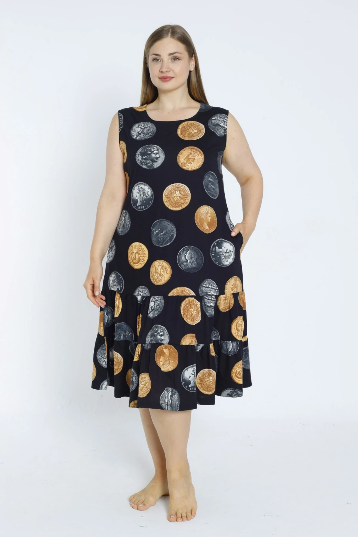 Siyah Para Desenli Askılı Cepli Pamuklu Elbise