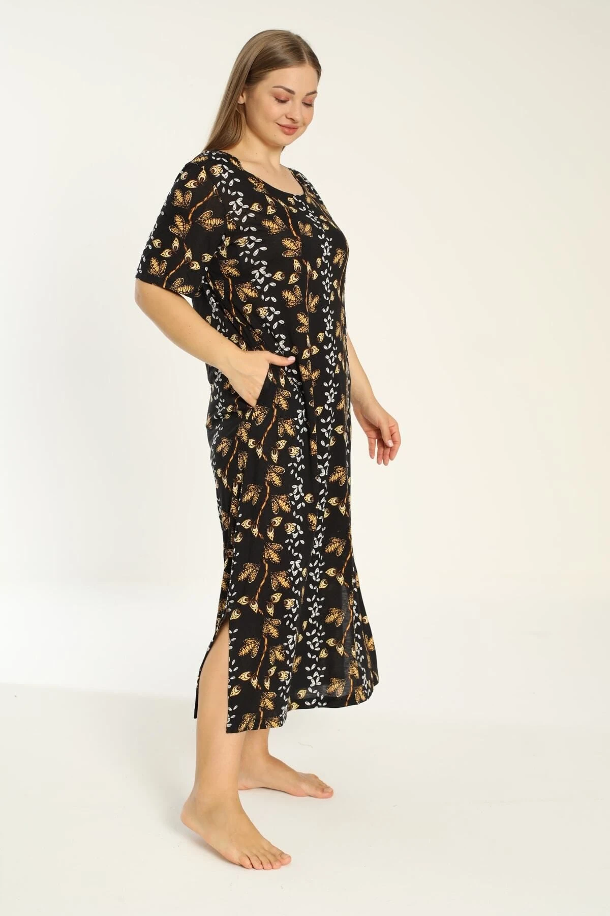 Desenli Cepli Kısa Kollu Kadın Büyük Beden Elbise