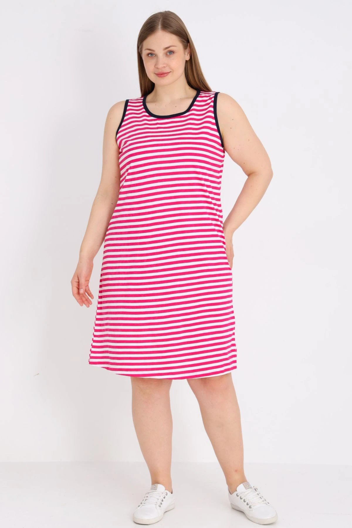 Kadın %100 Pamuk Çizgi Desenli Askılı Biyeli Elbise