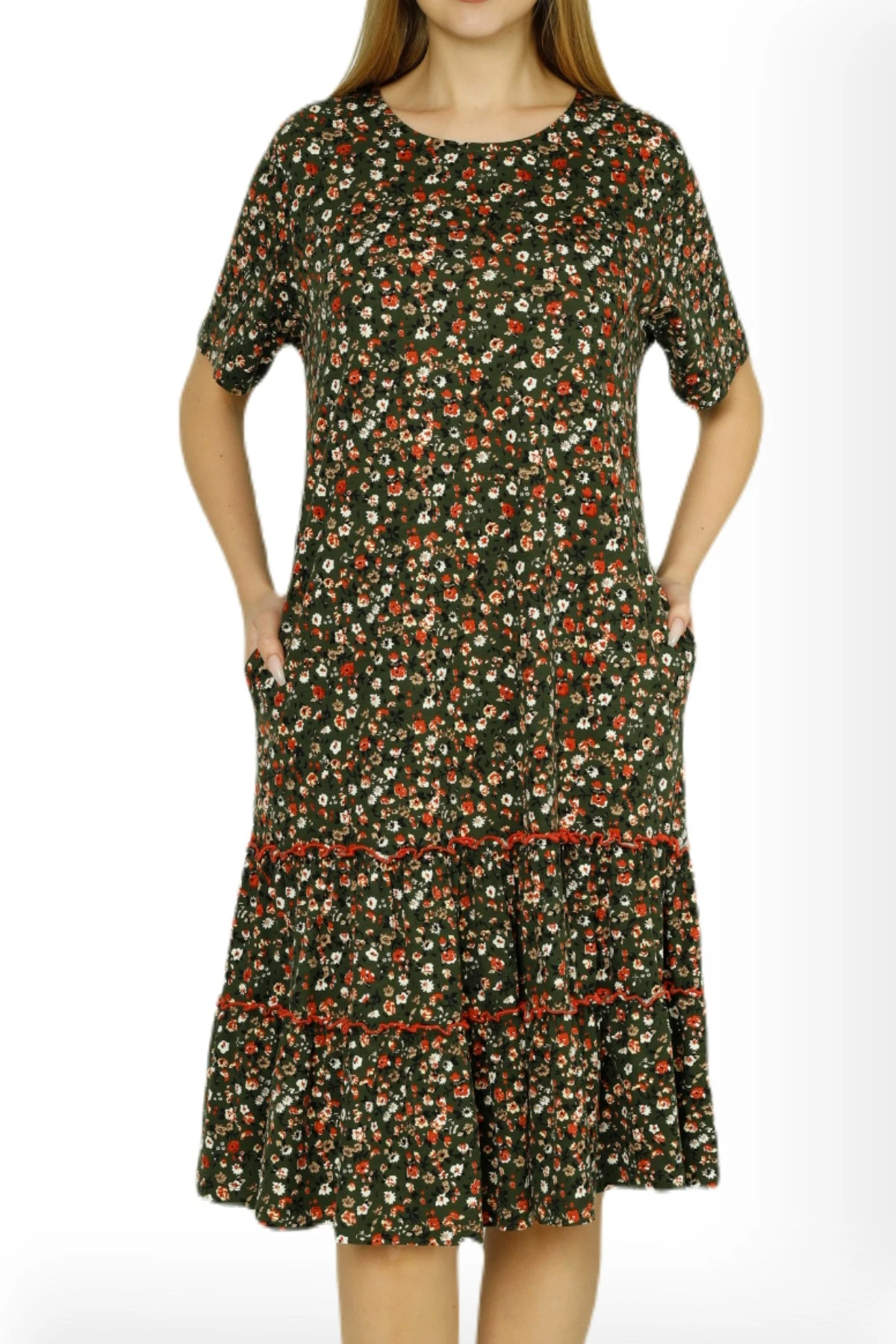 Kadın Çiçek Desenli Biye Detaylı Eteği Büzgülü Pamuklu Kısa Kollu Elbise