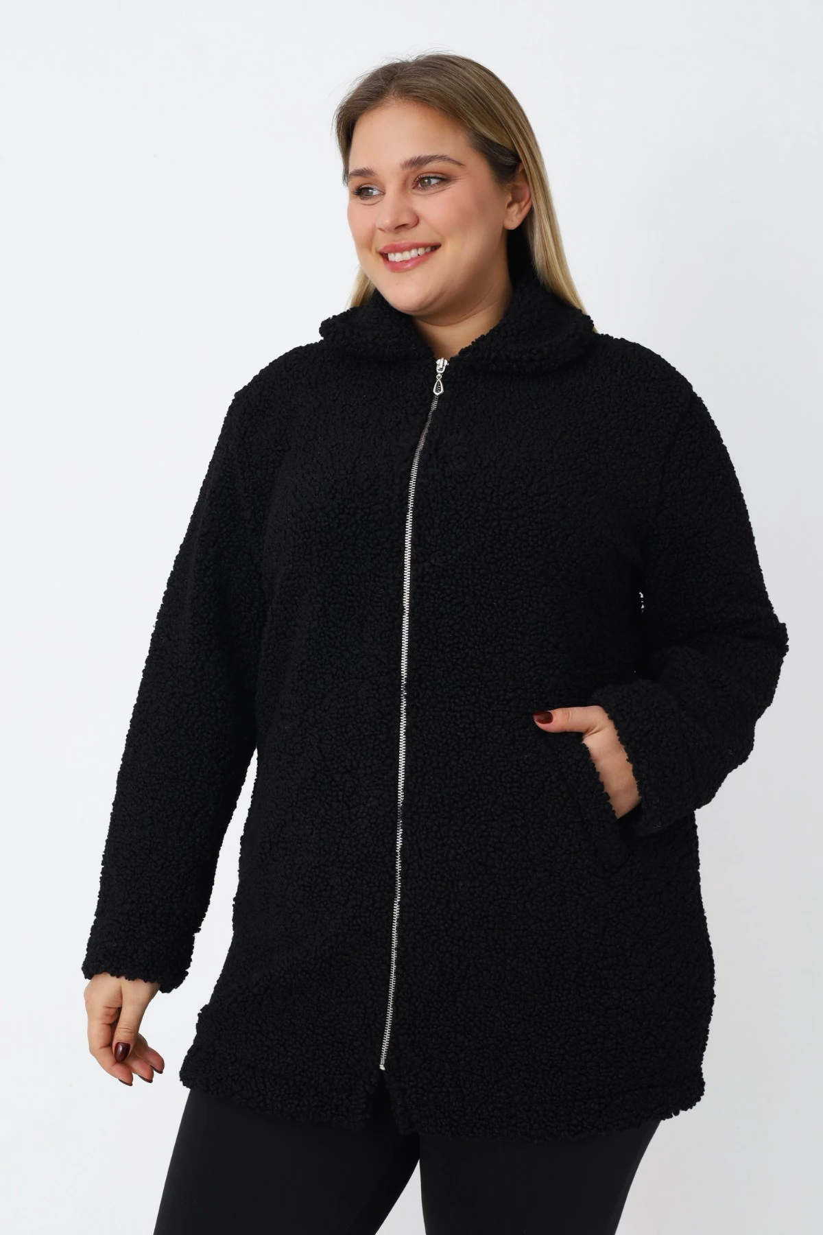 Kadın Büyük Beden Siyah Fermuarlı Cepli Soft Teddy Peluş Uzun Kollu Hırka