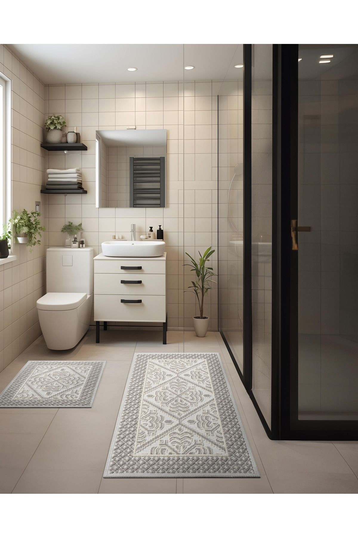 2 Li Bukle Banyo Takımı (BANYO TEKSTİLİ/MODERN/DOĞAL/SADE/ŞIK KAYMAZ TABAN)