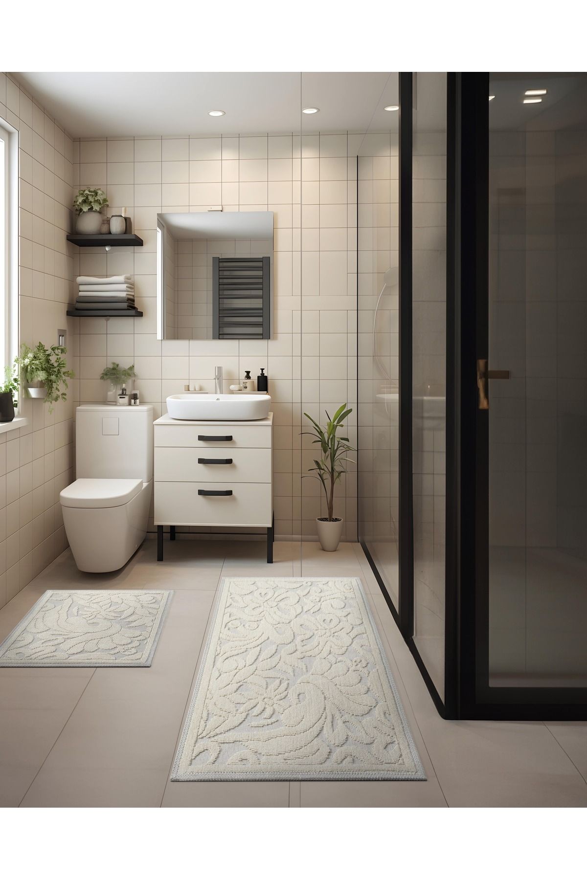 2 Li Bukle Banyo Takımı (BANYO TEKSTİLİ/MODERN/DOĞAL/SADE/ŞIK KAYMAZ TABAN)