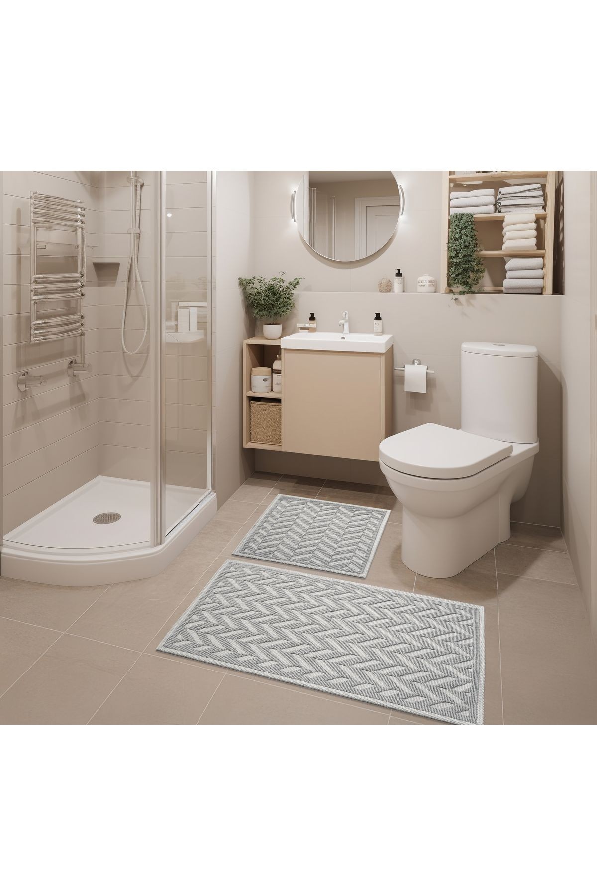 2 Li Bukle Banyo Takımı (BANYO TEKSTİLİ/MODERN/DOĞAL/SADE/ŞIK KAYMAZ TABAN)