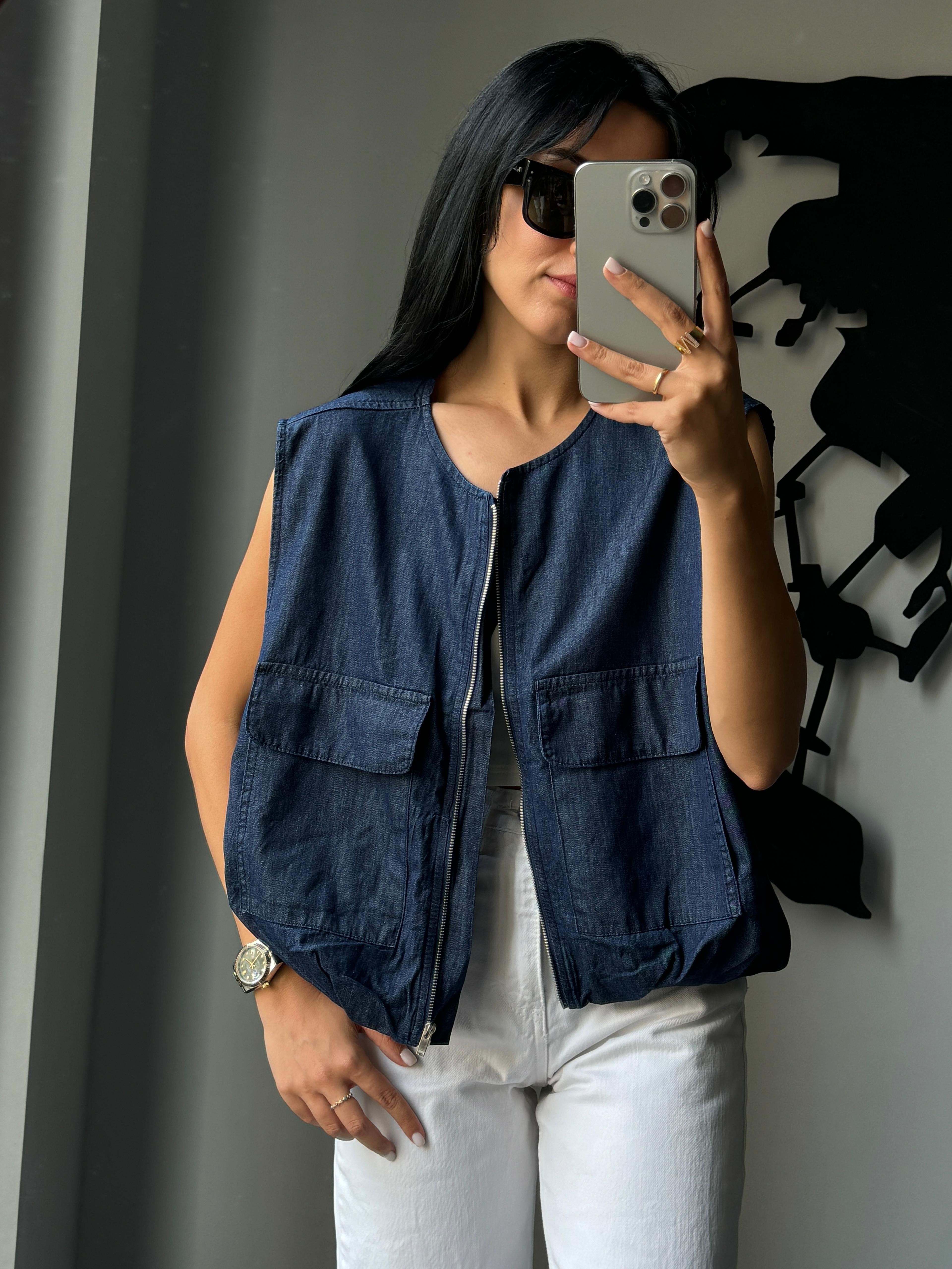 Lacivert İki Cep Detaylı Bomber Denim Yelek